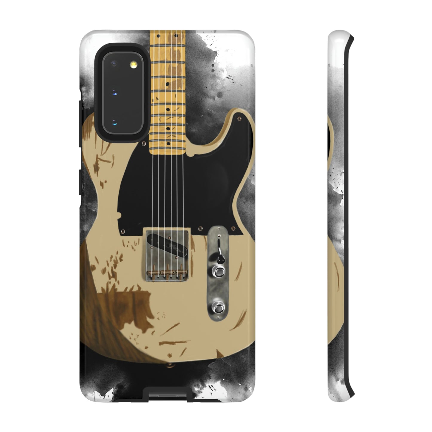 Digital painting of a white-black vintage electric guitar printed on a samsung phone case