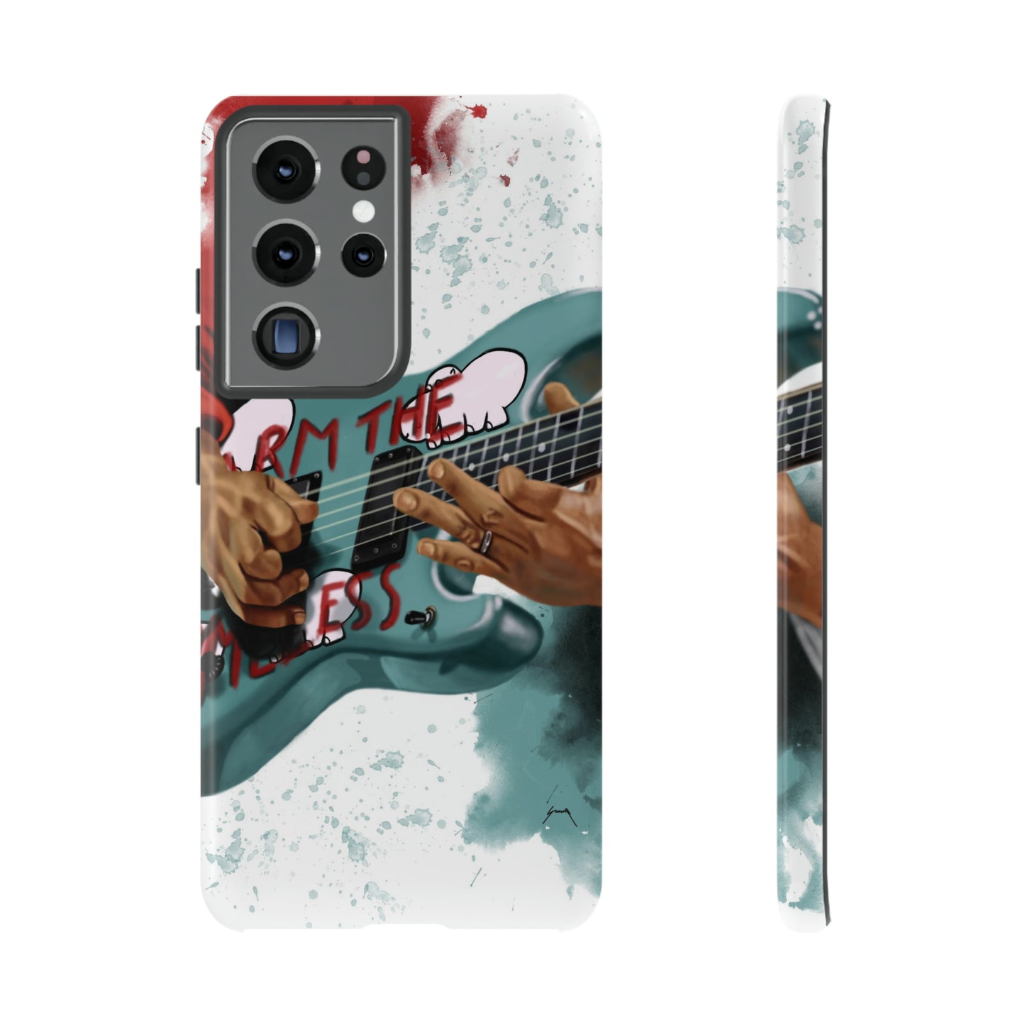 Digital painting of a blue electric guitar with stickers and hands printed on samsung phone case