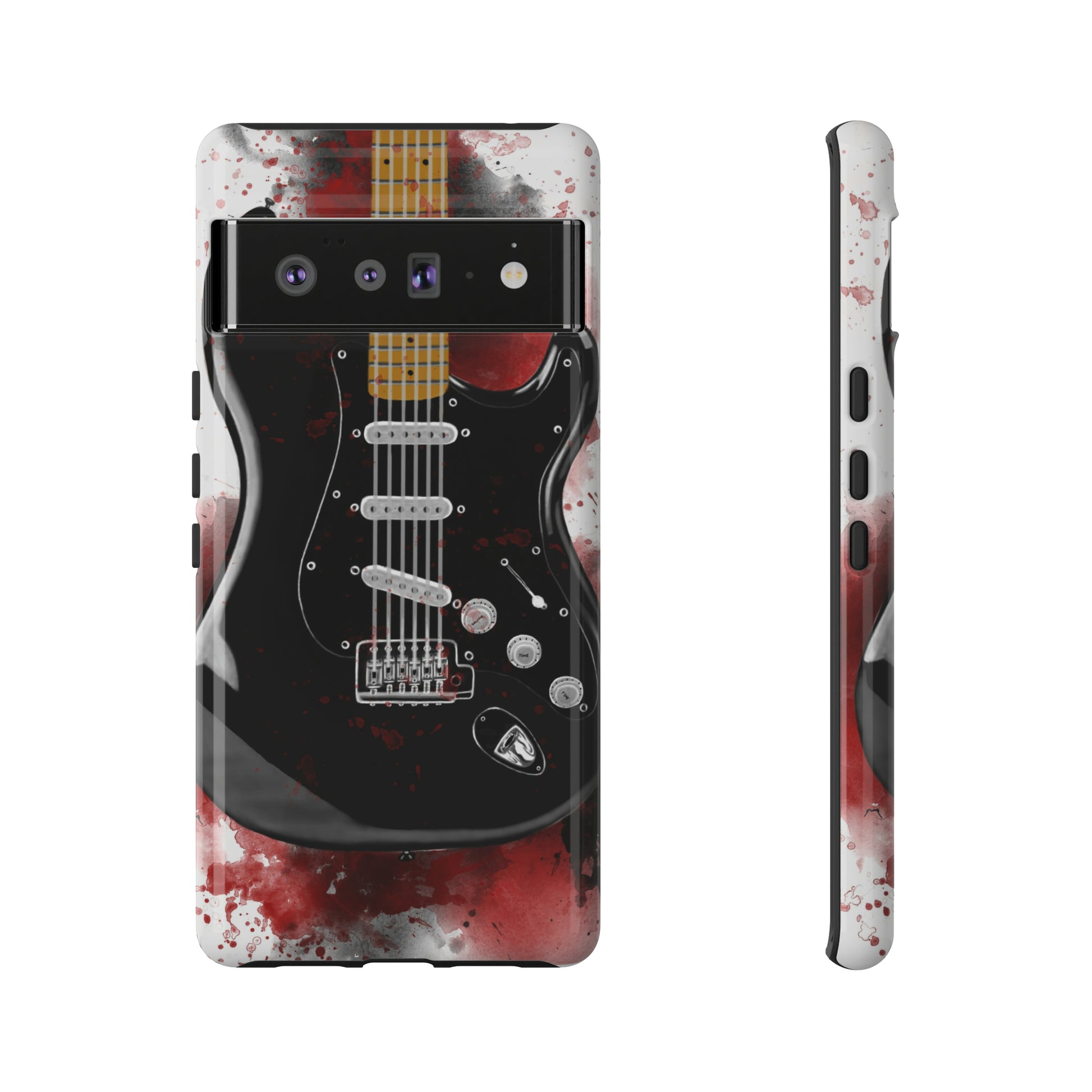 Digital painting of black electric guitar printed on a google phone case