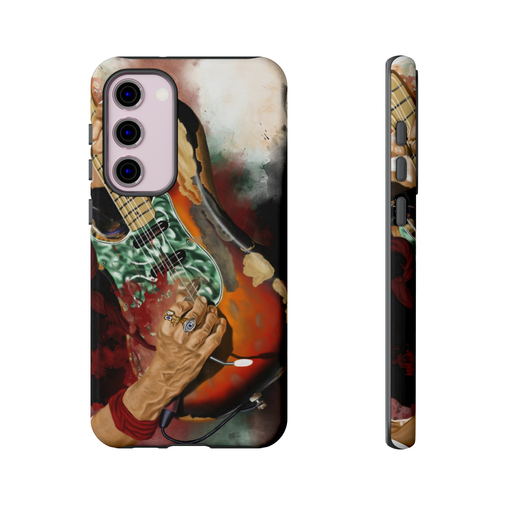 Digital painting of vintage electric guitar with hands printed on samsung phone case