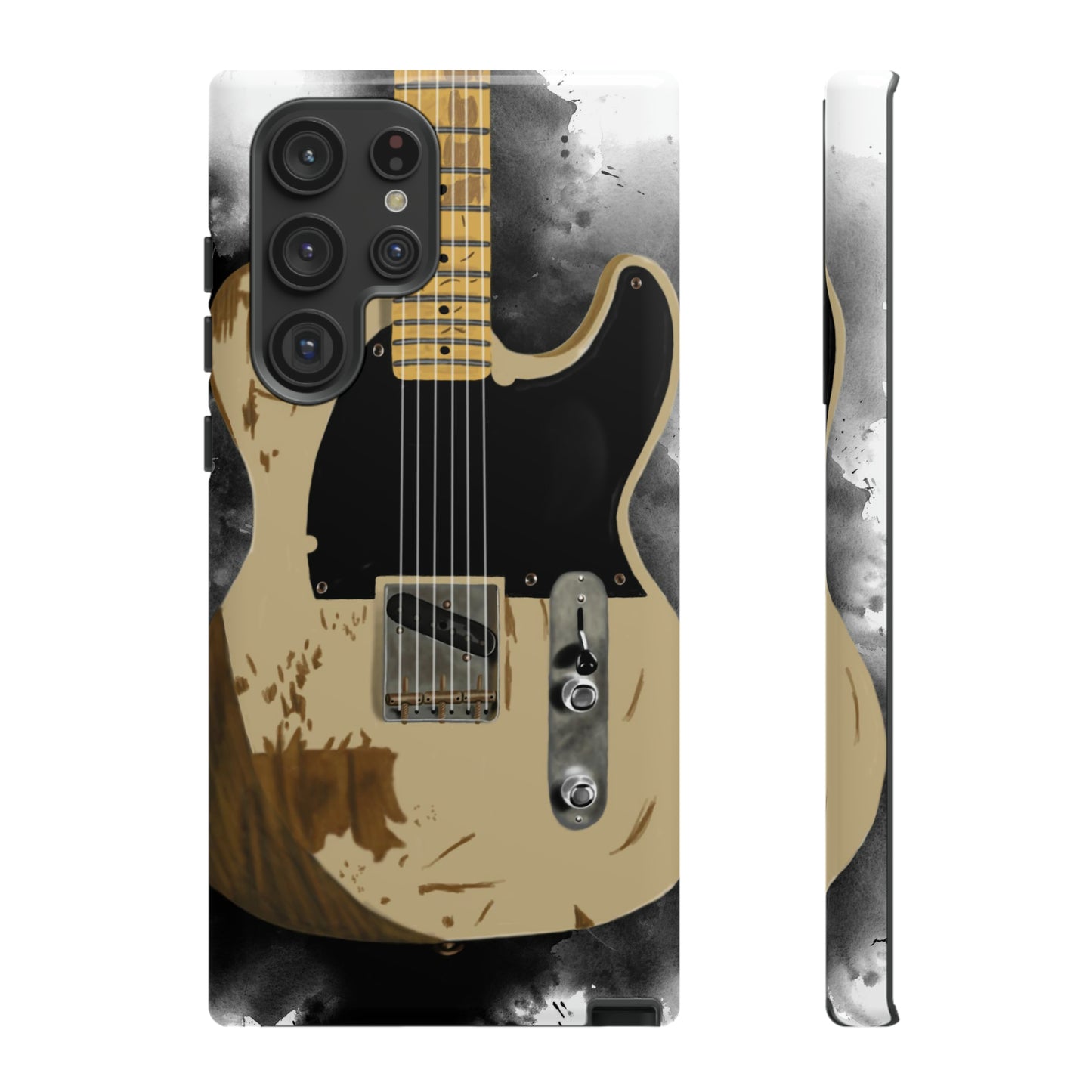 Digital painting of a white-black vintage electric guitar printed on a samsung phone case