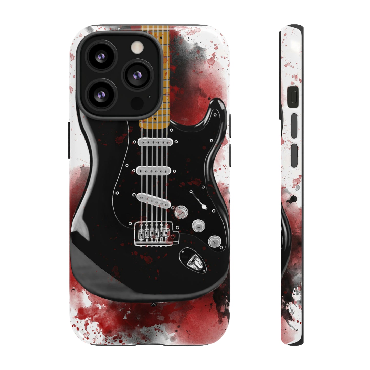 Digital painting of black electric guitar printed on an iphone phone case