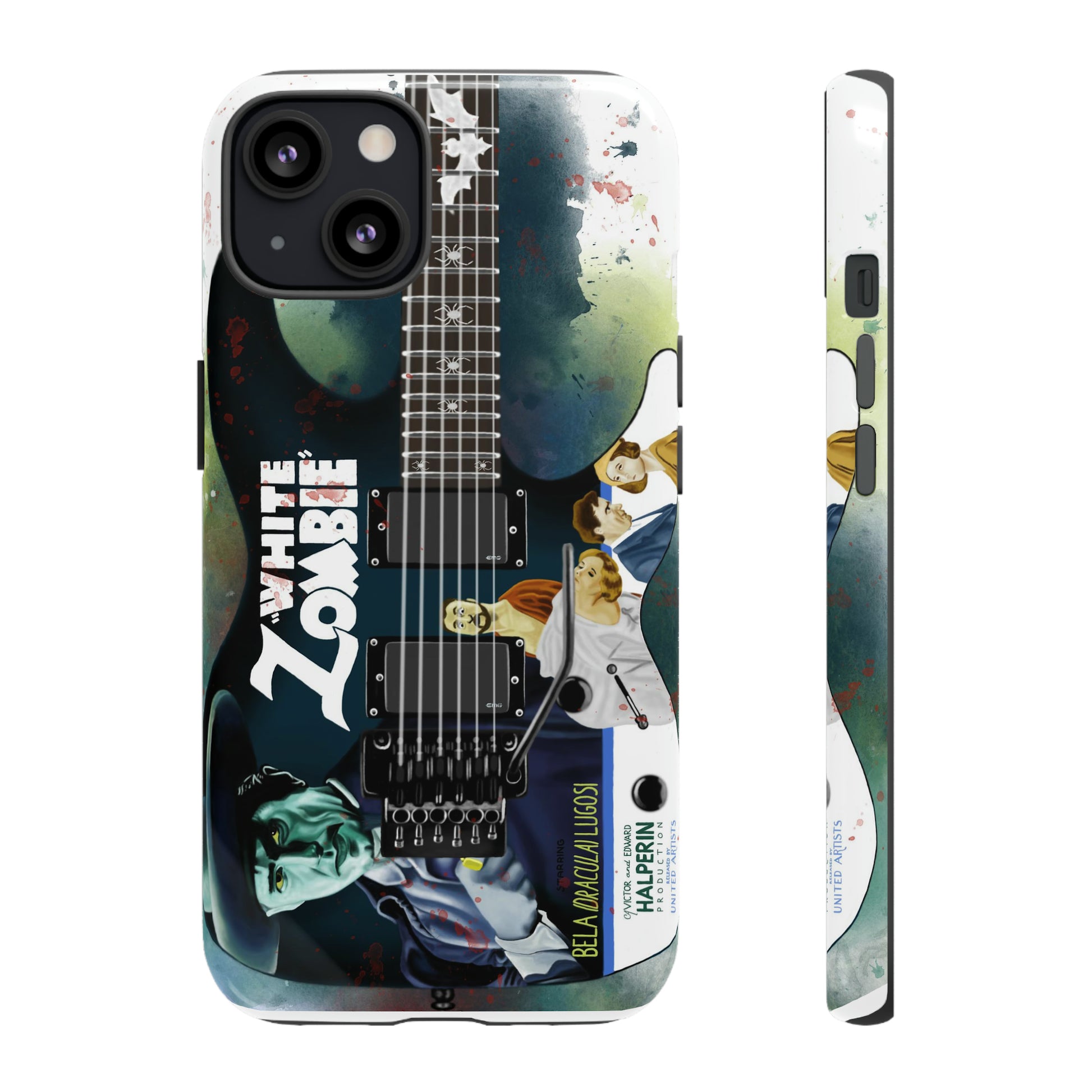 Digital painting of a blue electric guitar with a vintage movie poster on it printed on iphone phone case