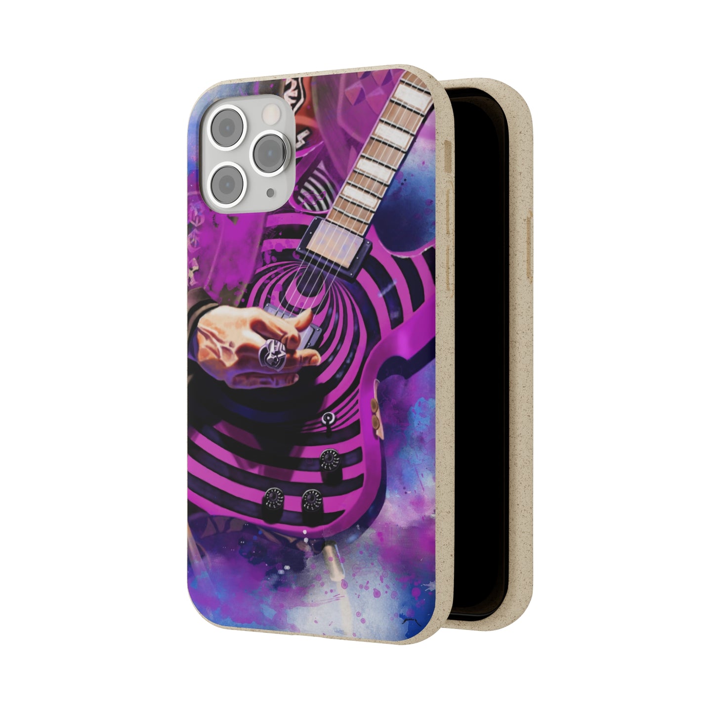 Digital painting of a purple black electric guitar with hand printed on a biodegradable iphone phone case