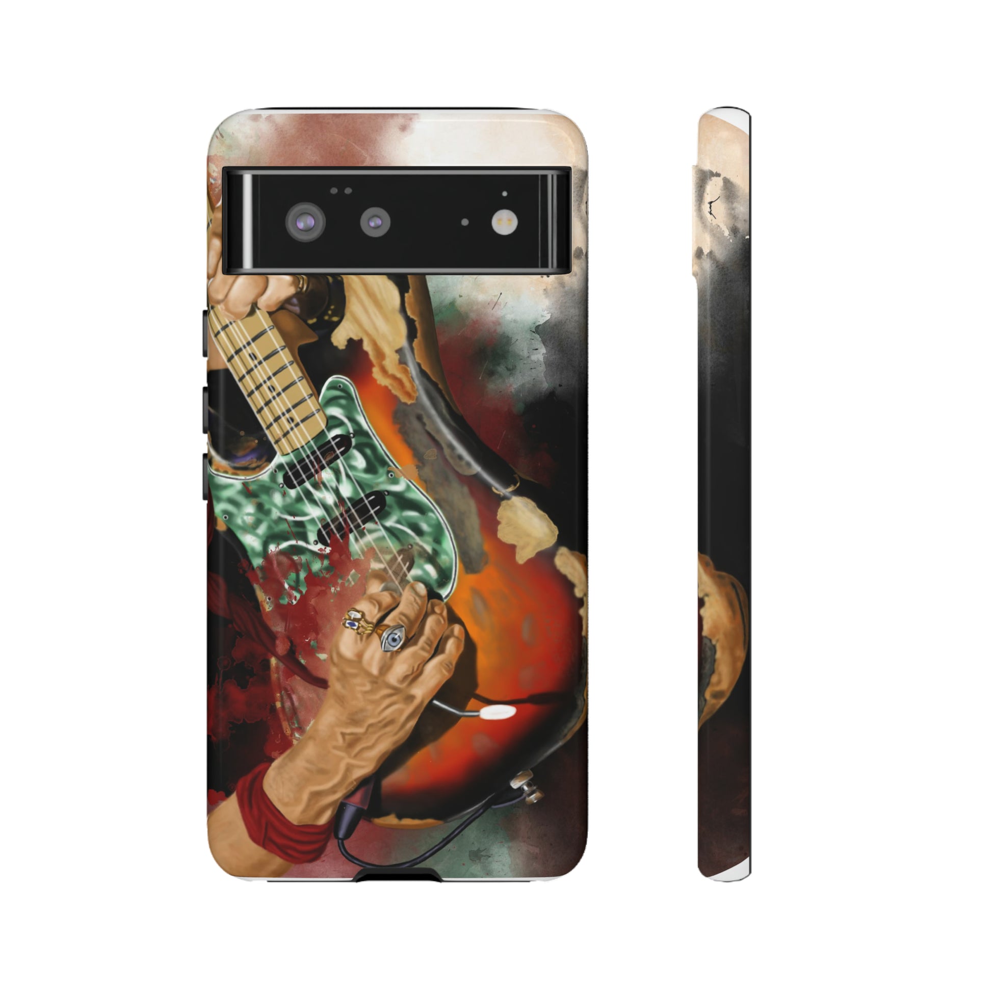 Digital painting of vintage electric guitar with hands printed on google phone case