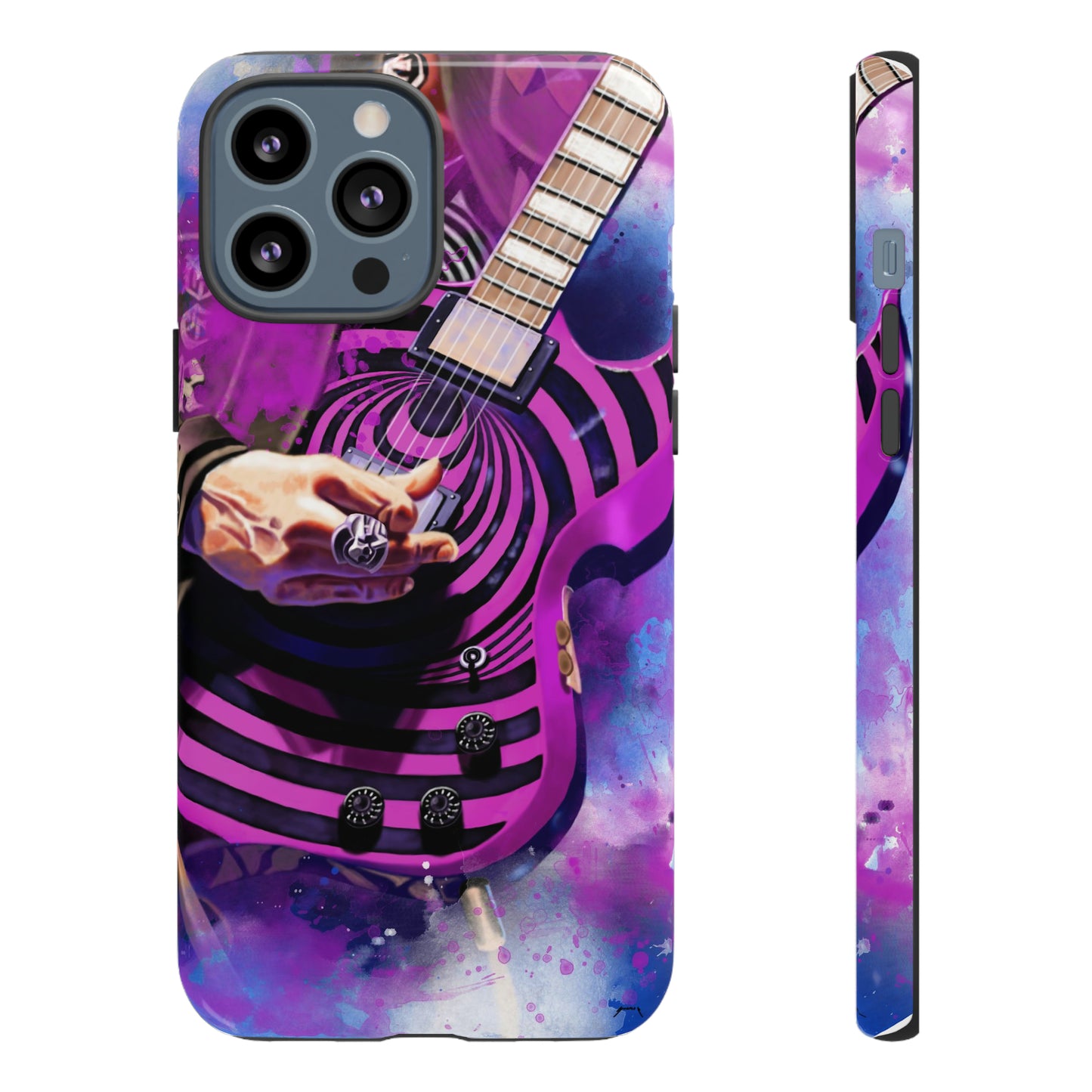 digital painting of a purple-black electric guitar with hand printed on iphone phone case