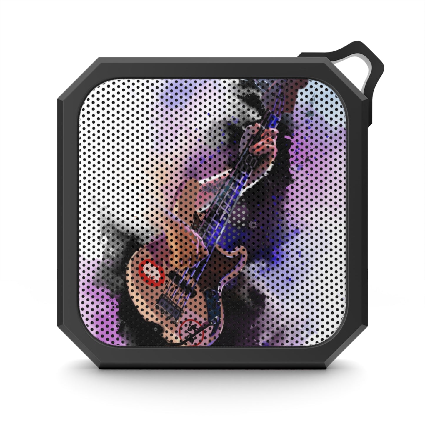 digital painting of a white vintage bass guitar with tattooed hands printed on a bluetooth speaker