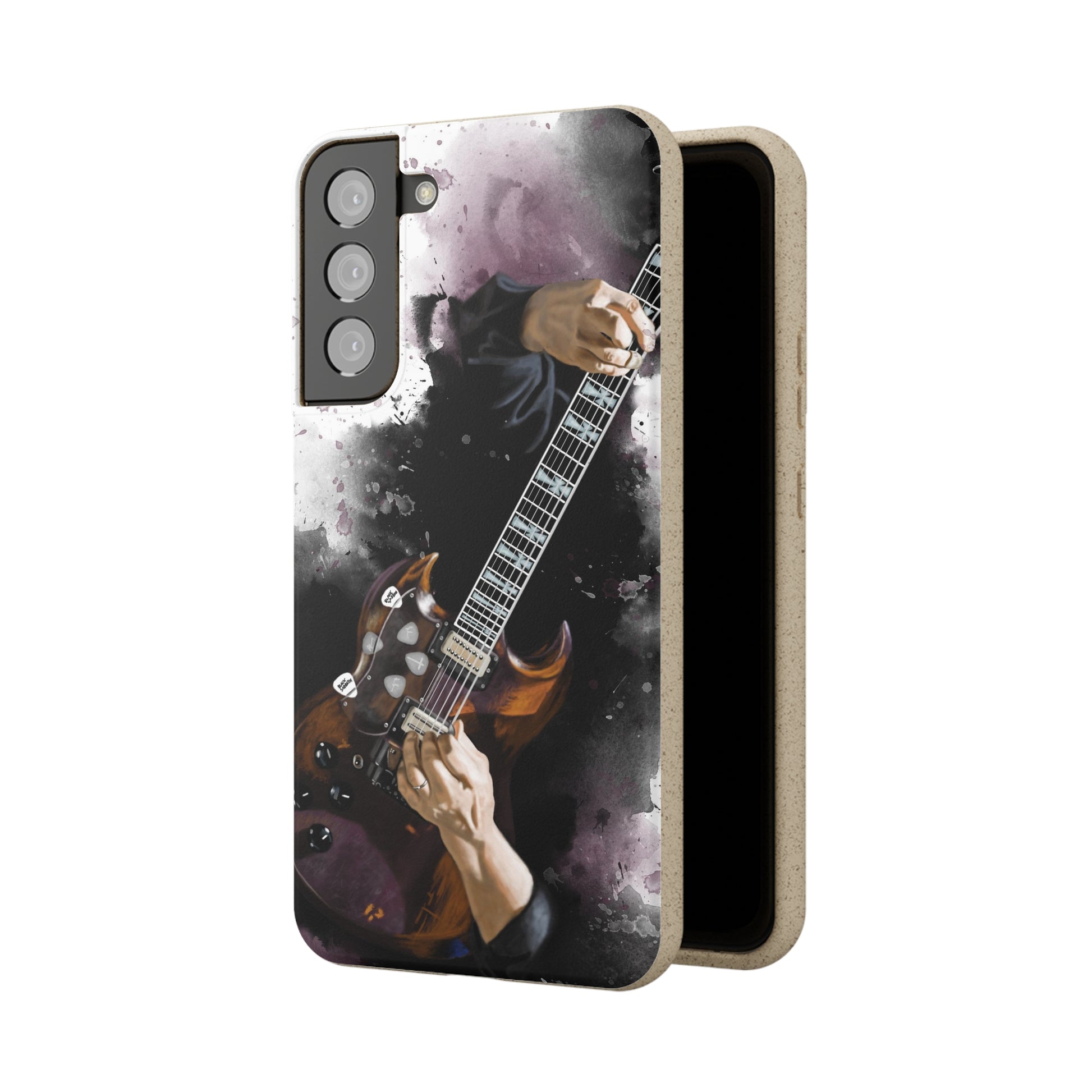 digital painting of a vintage black electric guitar with hands printed on biodegradable samsung phone case