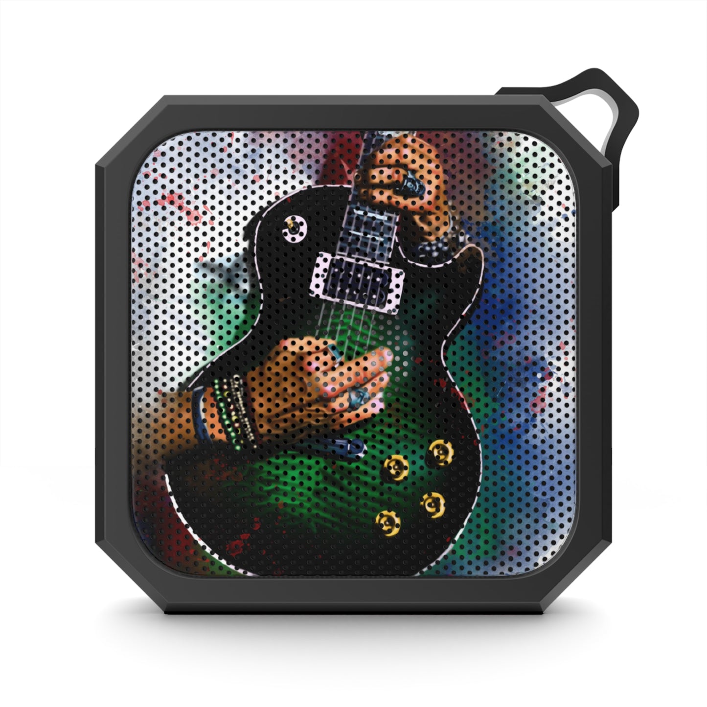 digital painting of a greenburst electric guitar with hands printed on a bluetooth speaker.