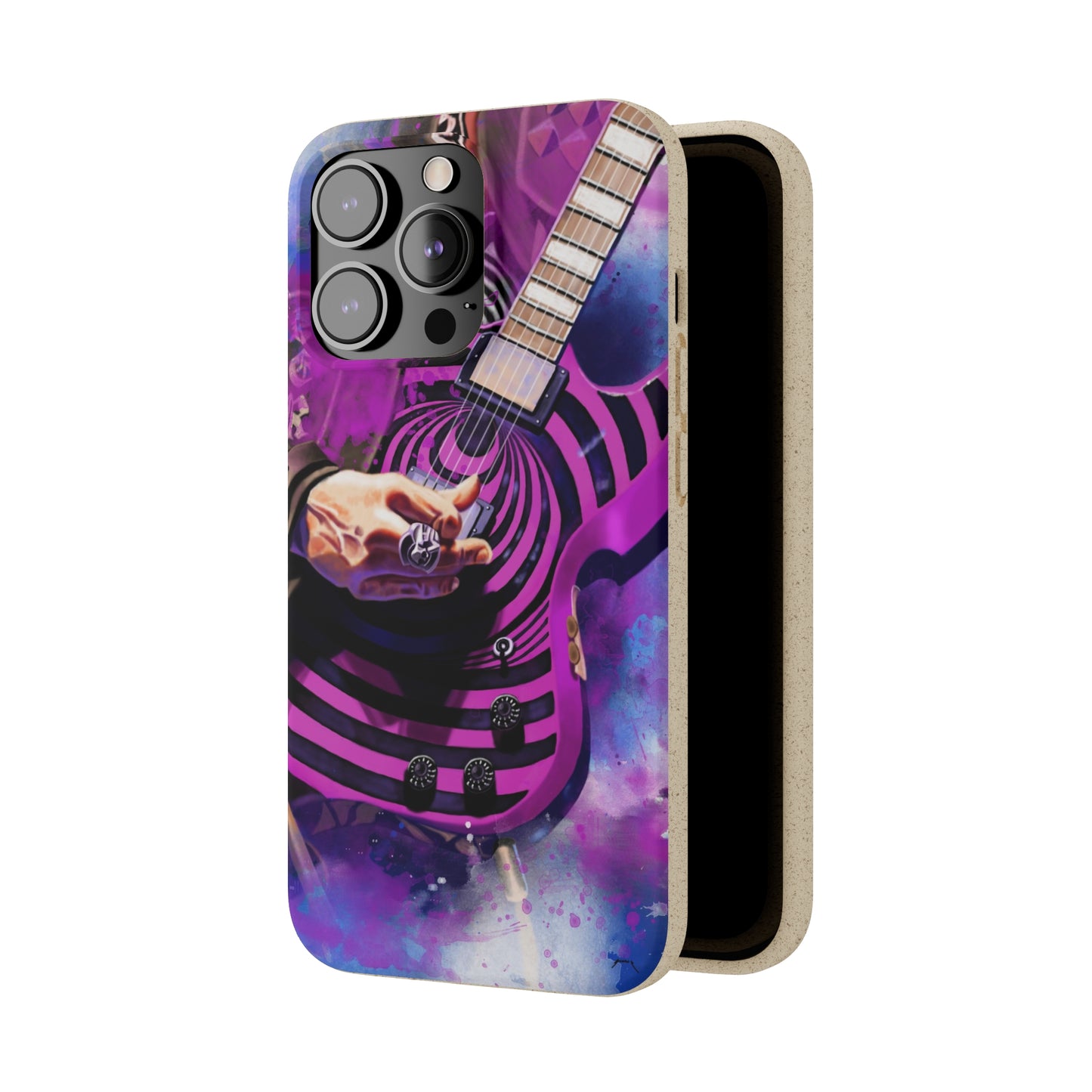 Digital painting of a purple black electric guitar with hand printed on a biodegradable iphone phone case