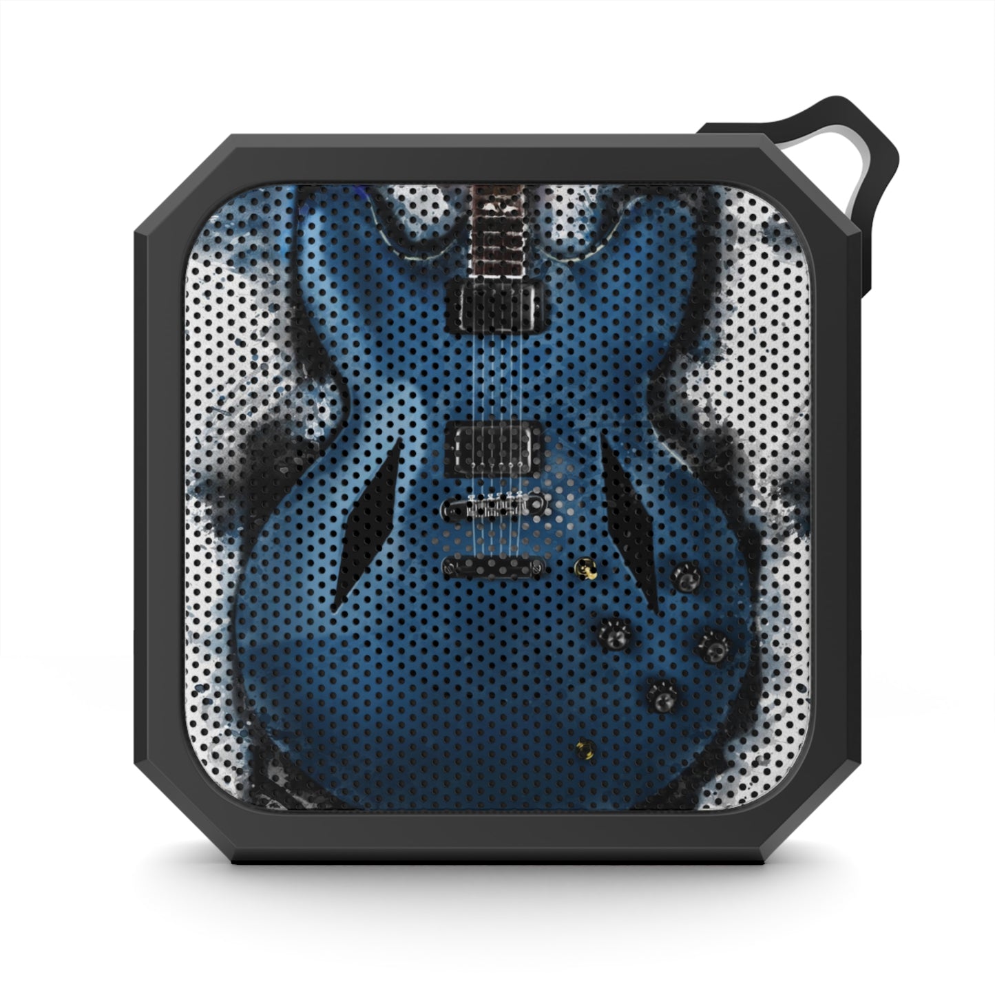 digital painting of a blue electric guitar printed on a bluetooth speaker