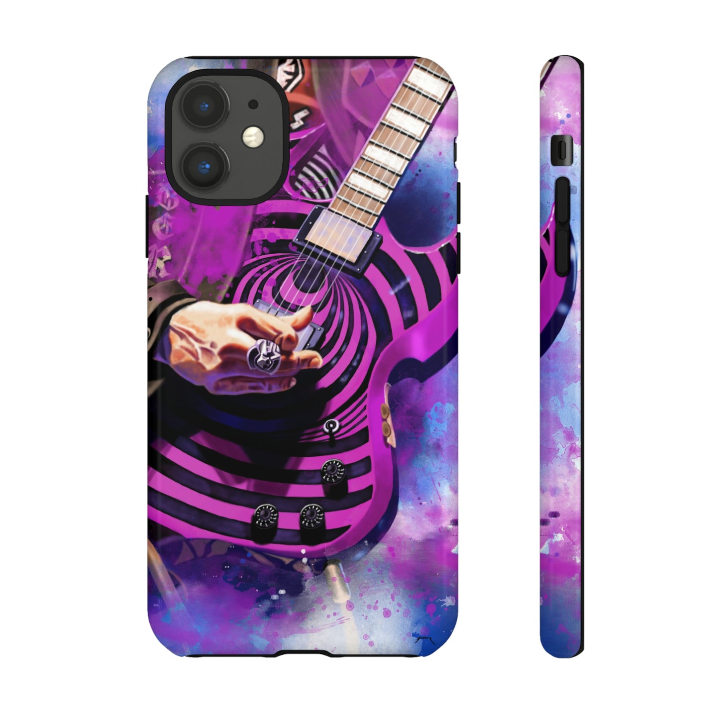 digital painting of a purple-black electric guitar with hand printed on iphone phone case