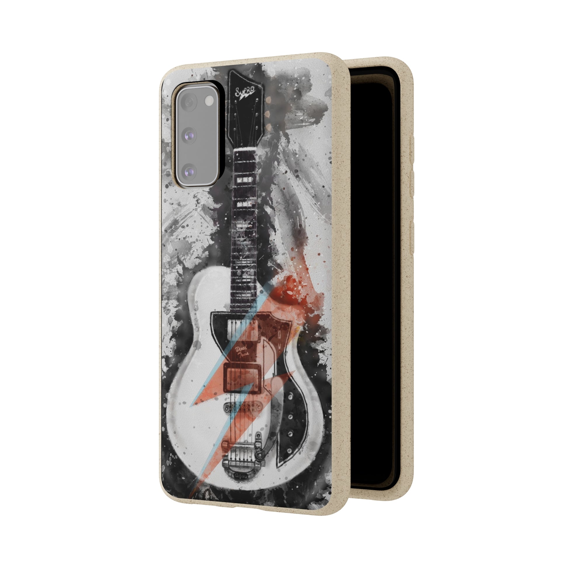 digital caricature painting of a white electric guitar printed on a biodegradable samsung phone case