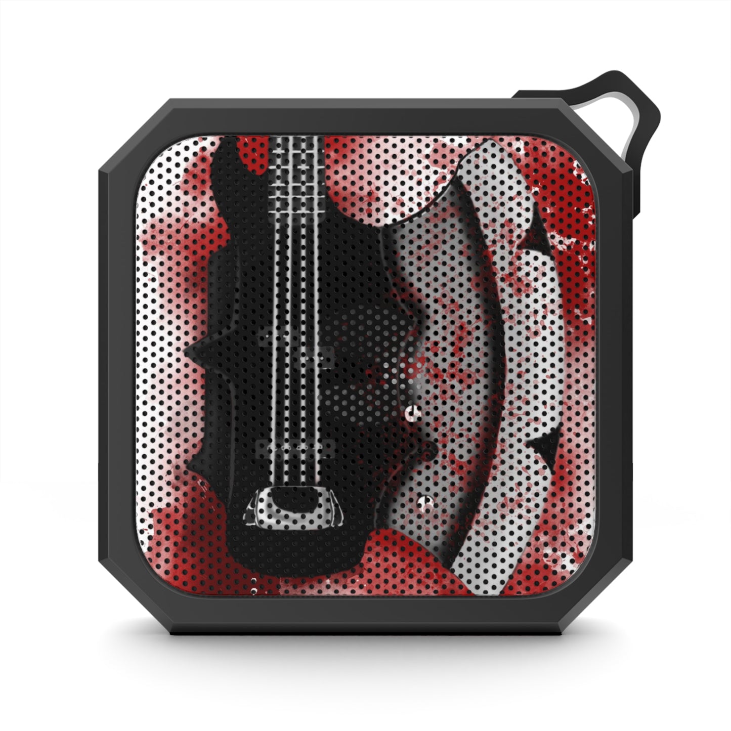 Digital painting of an axe bass guitar printed on a bluetooth speaker