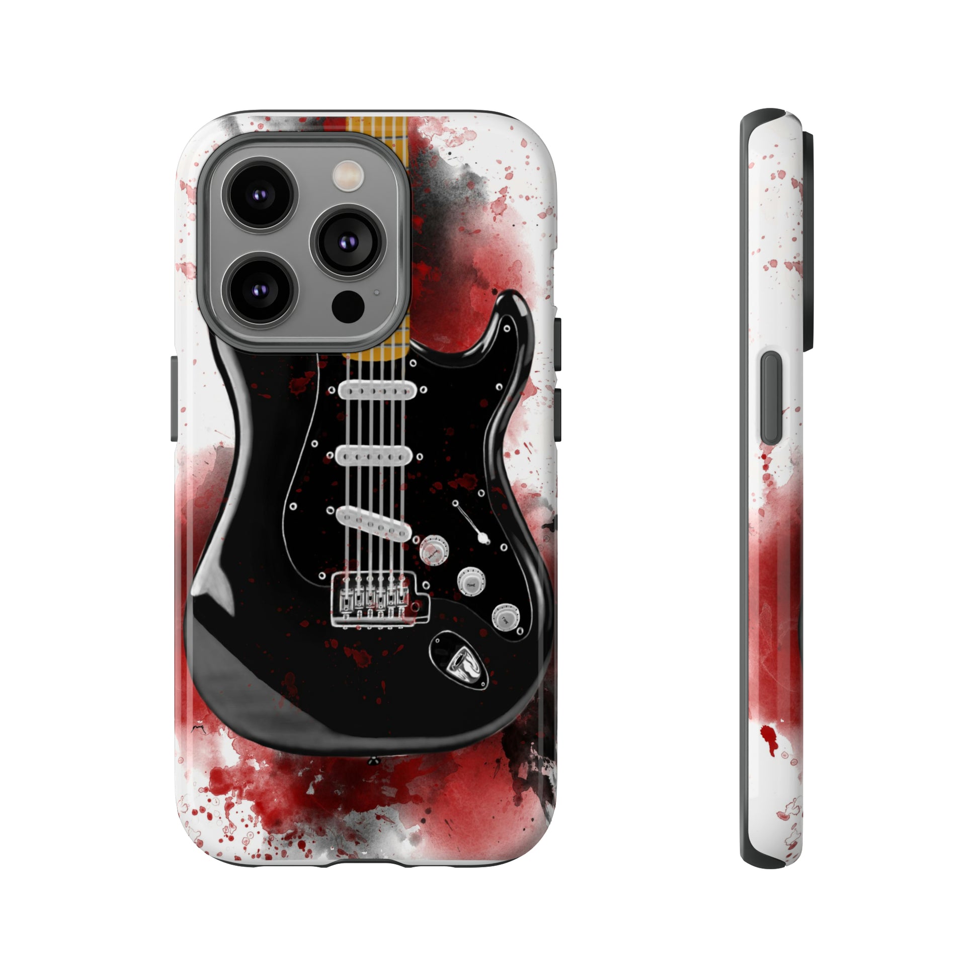 Digital painting of black electric guitar printed on an iphone phone case