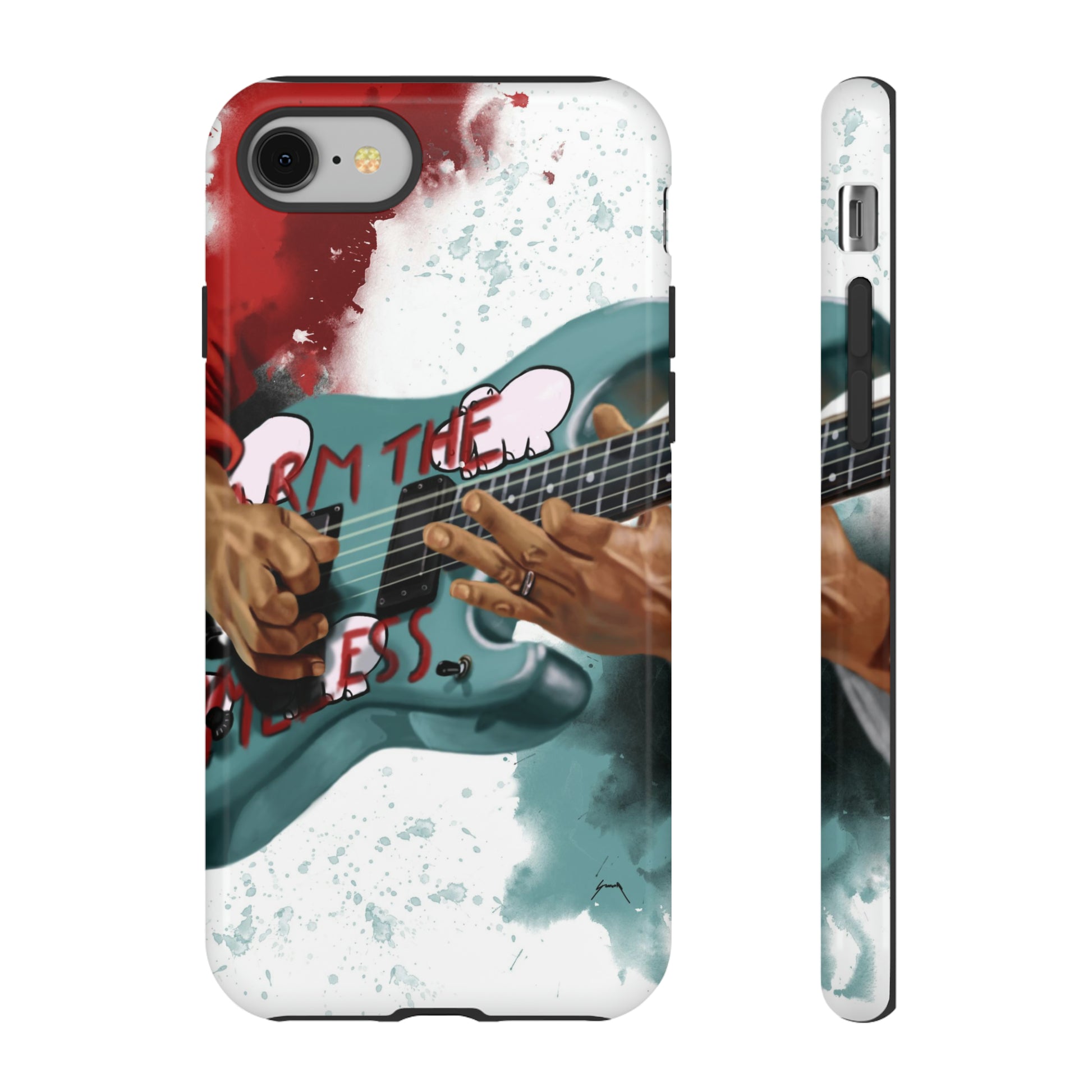 Digital painting of a blue electric guitar with stickers and hands printed on iphone phone case