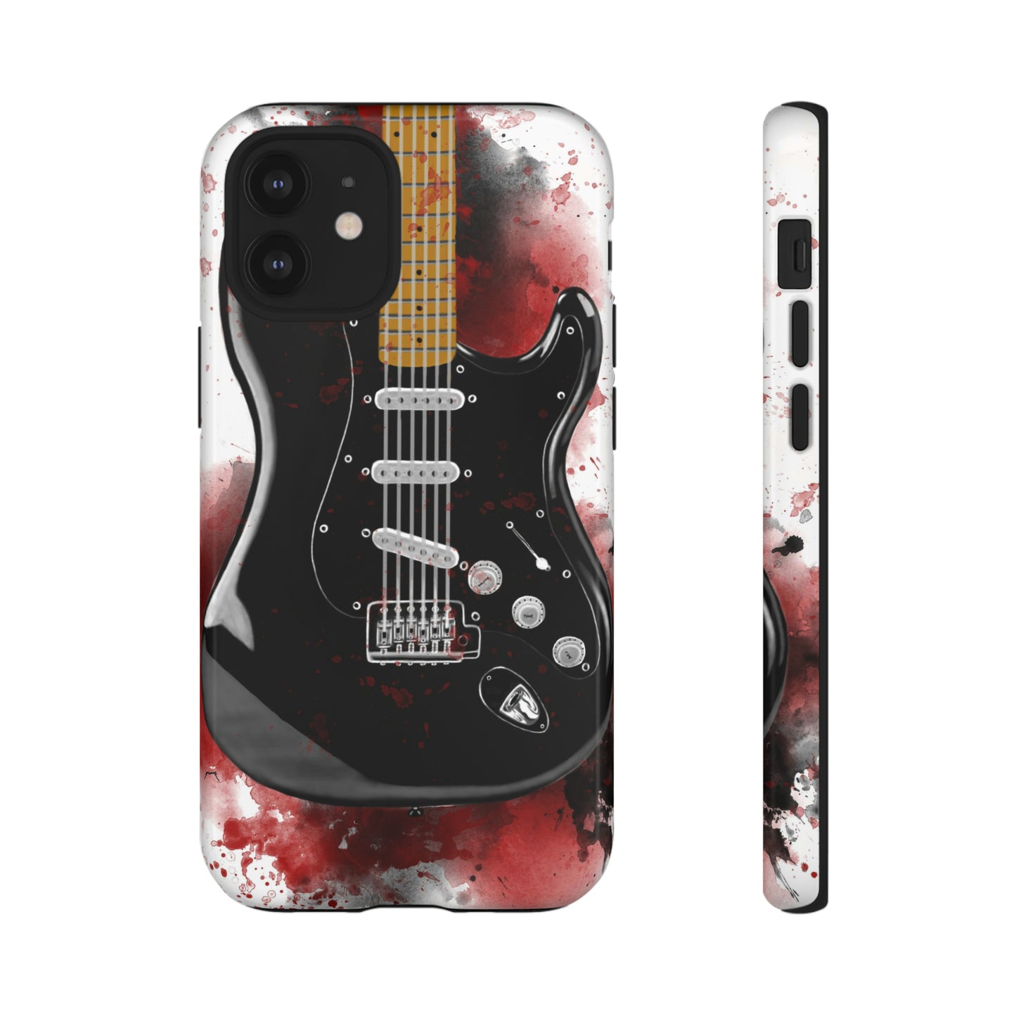 Digital painting of black electric guitar printed on an iphone phone case