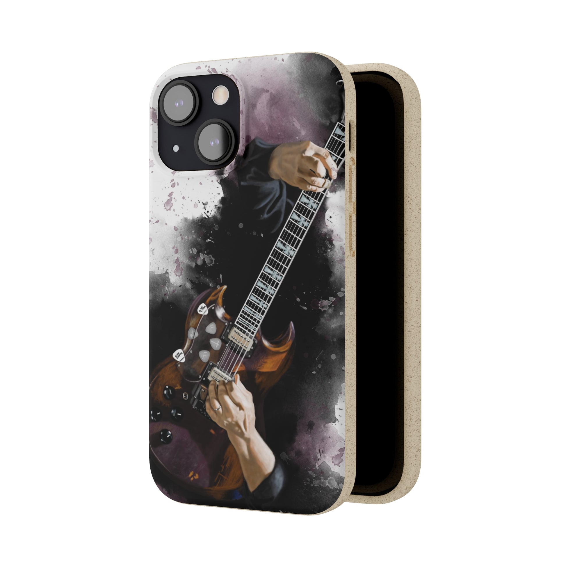 digital painting of a vintage black electric guitar with hands printed on biodegradable iphone phone case