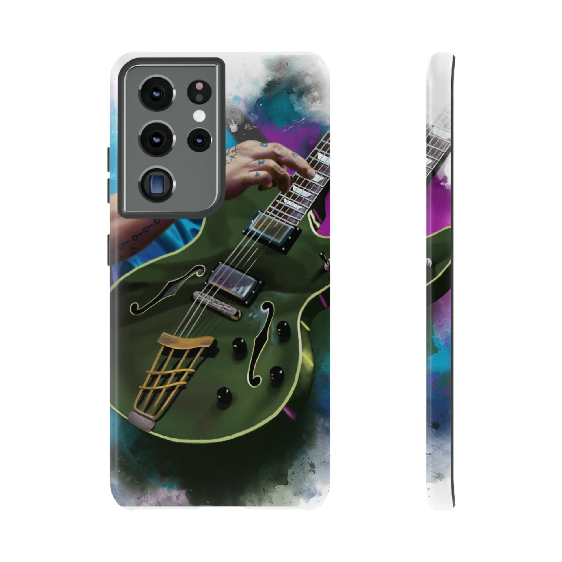 Digital painting of an olive green electric guitar with hand printed on samsung tough case
