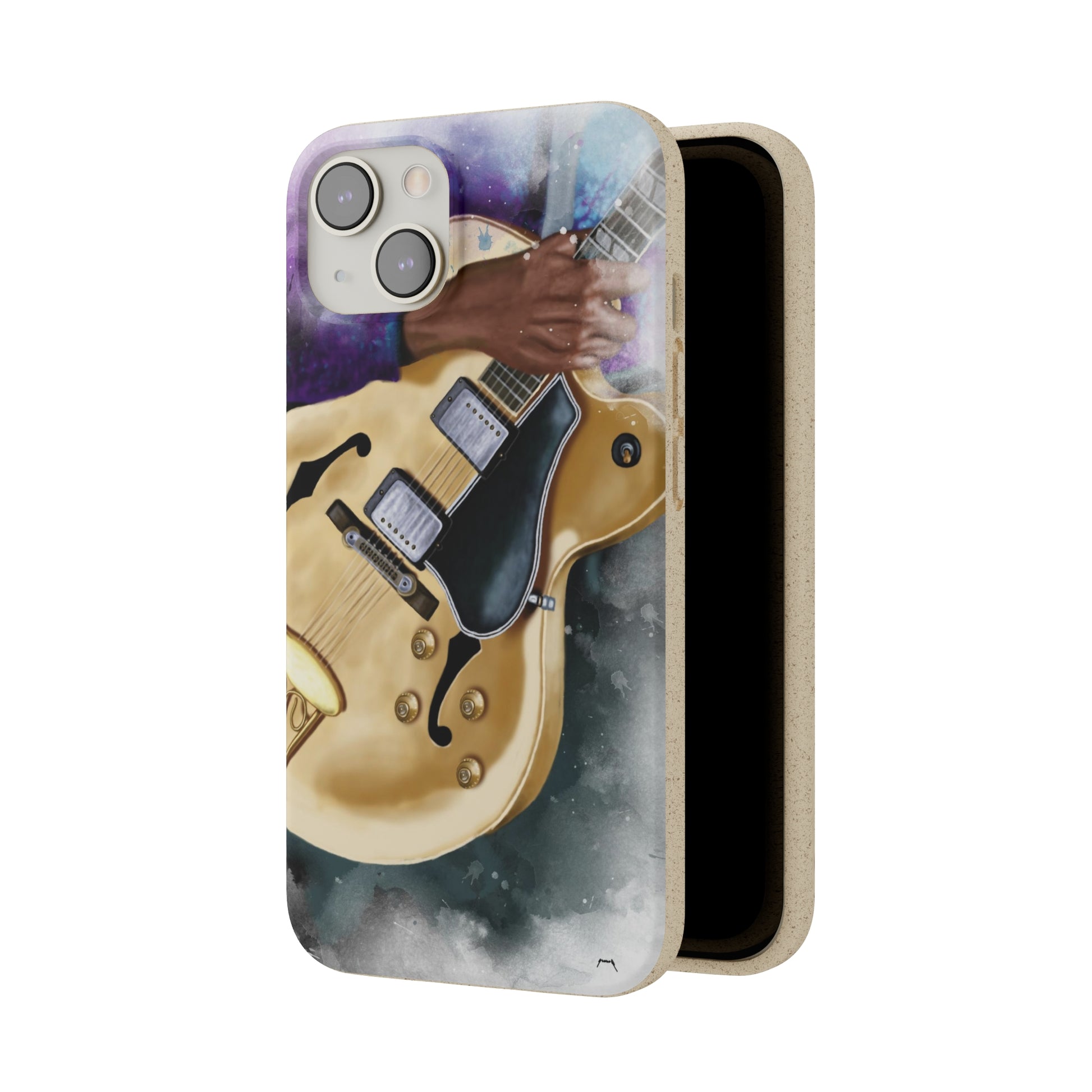 Digital painting of a vintage white hollowbody electric guitar with hand printed on a biodegradable iphone phone case