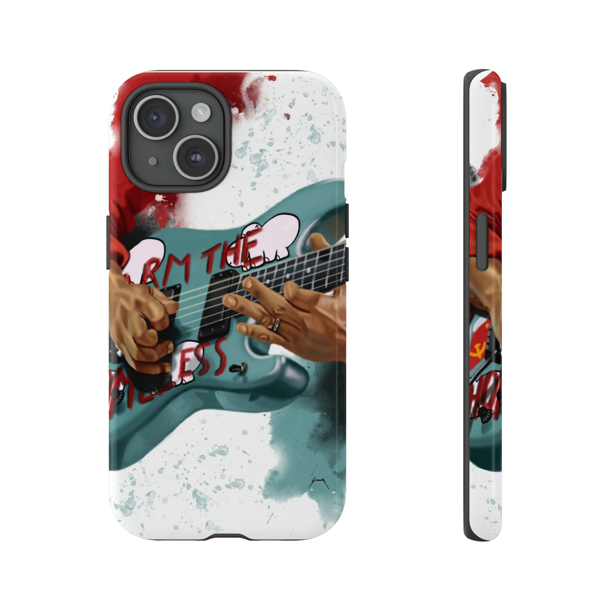 Digital painting of a blue electric guitar with stickers and hands printed on iphone phone case