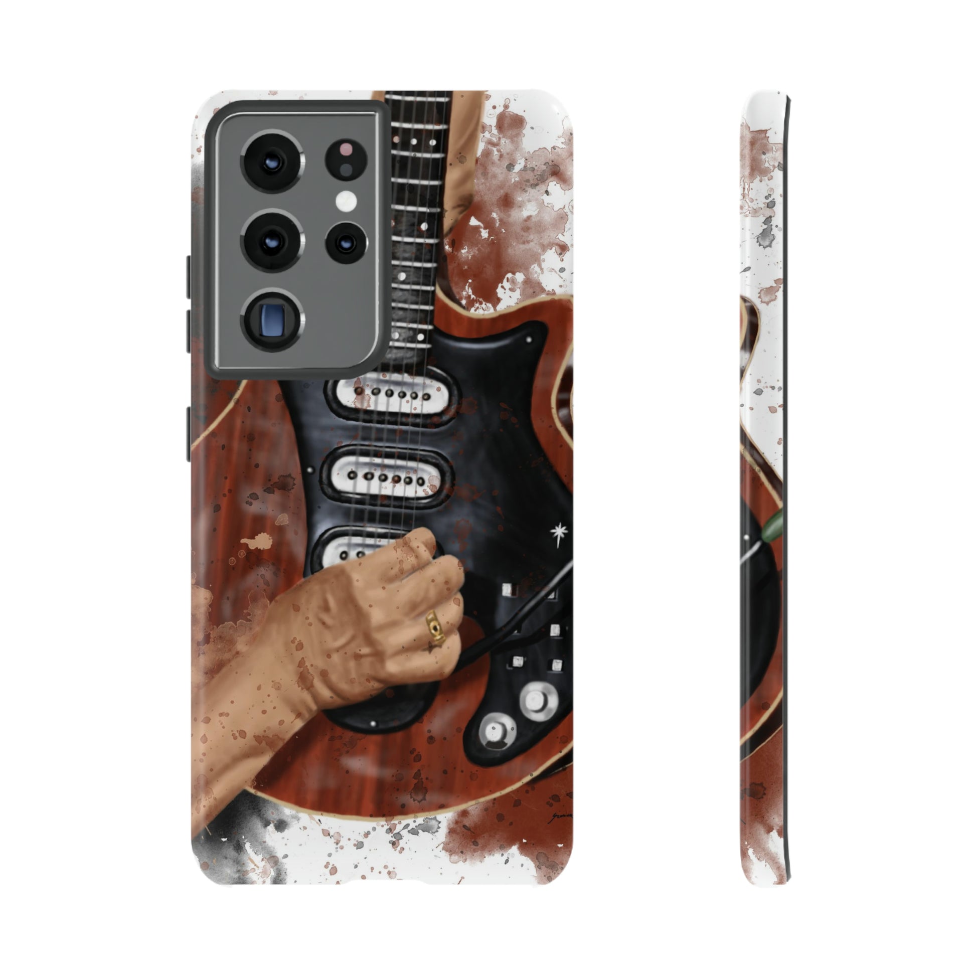 digital painting of a red black electric guitar with hands printed on a samsung case