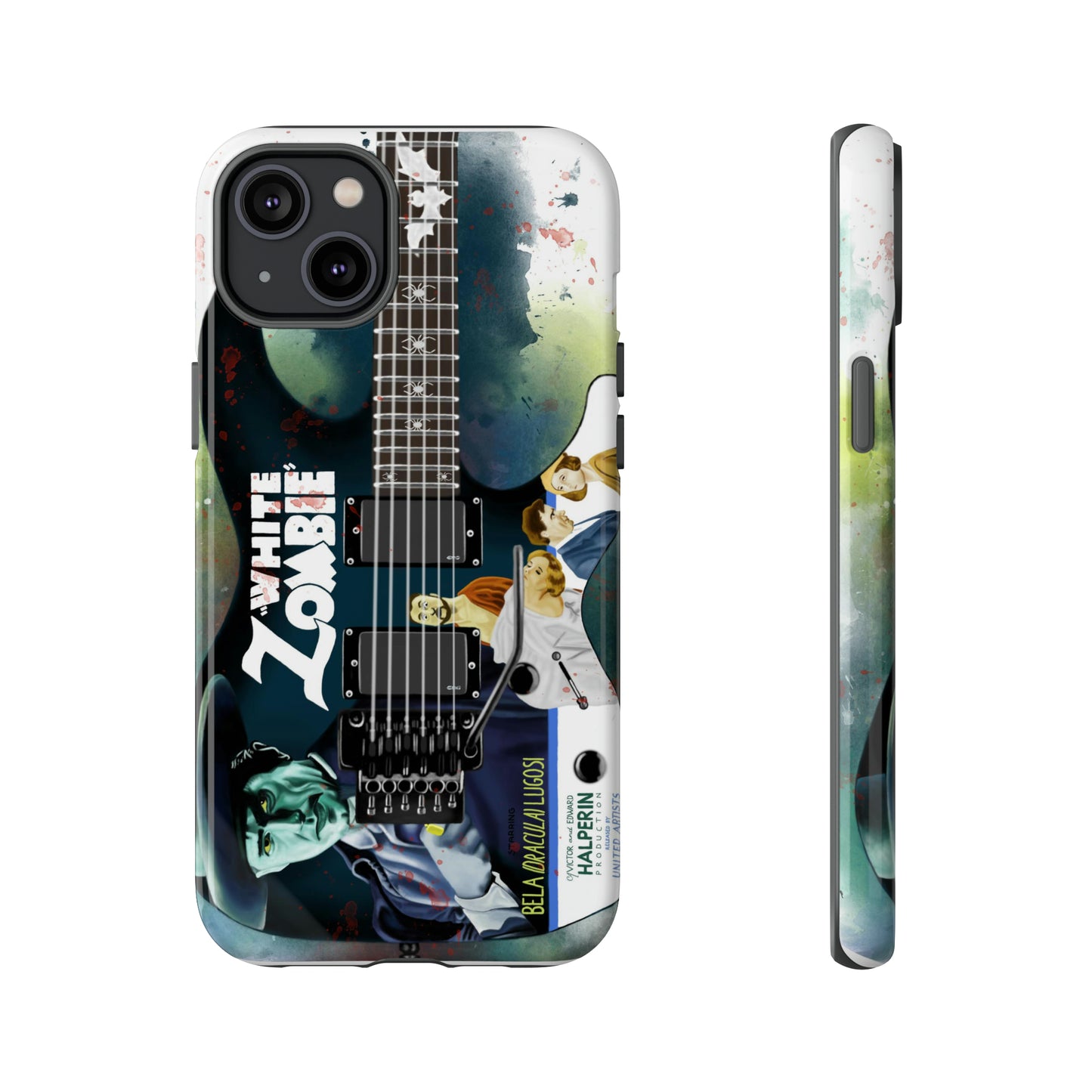 Digital painting of a blue electric guitar with a vintage movie poster on it printed on iphone phone case