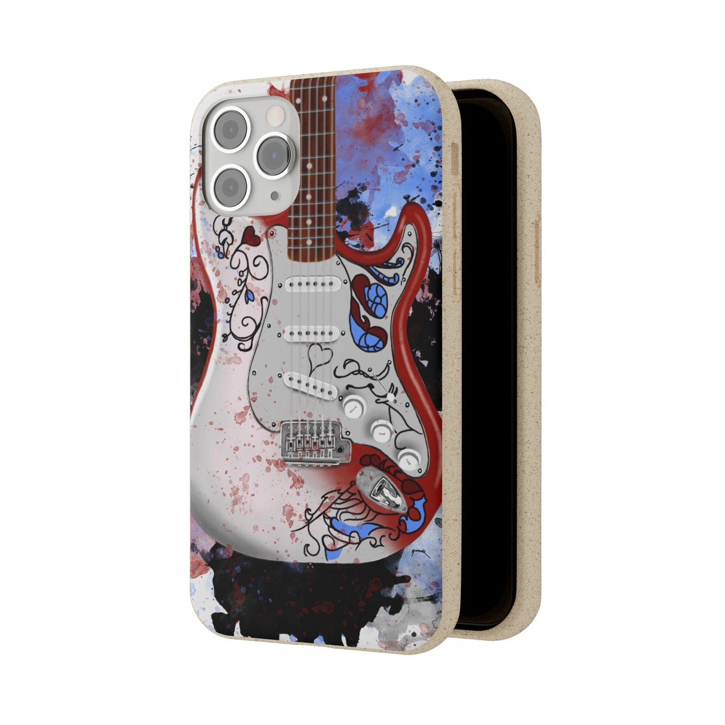 Digital painting of a red white decorated electric guitar printed on a biodegradable iphone phone case