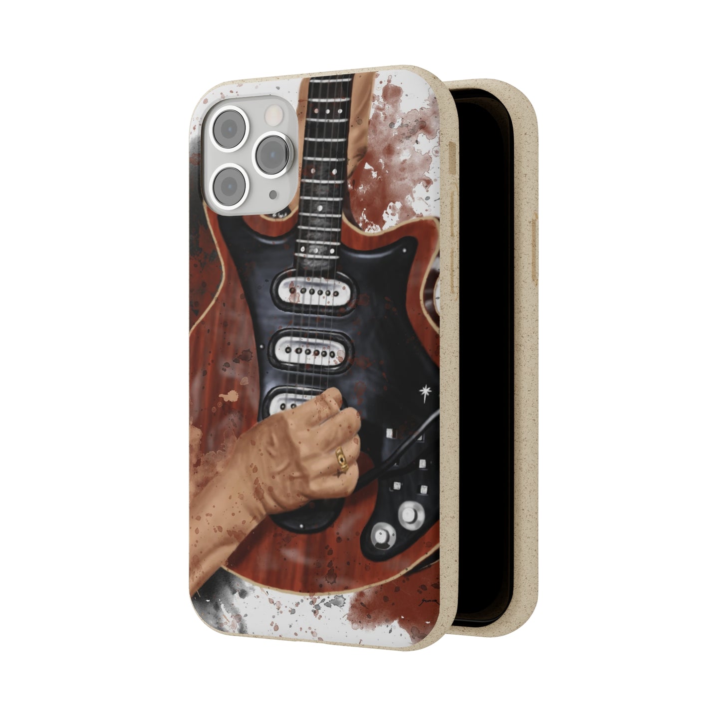 digital painting of a red black electric guitar with hands printed on biodegradable iphone phone case