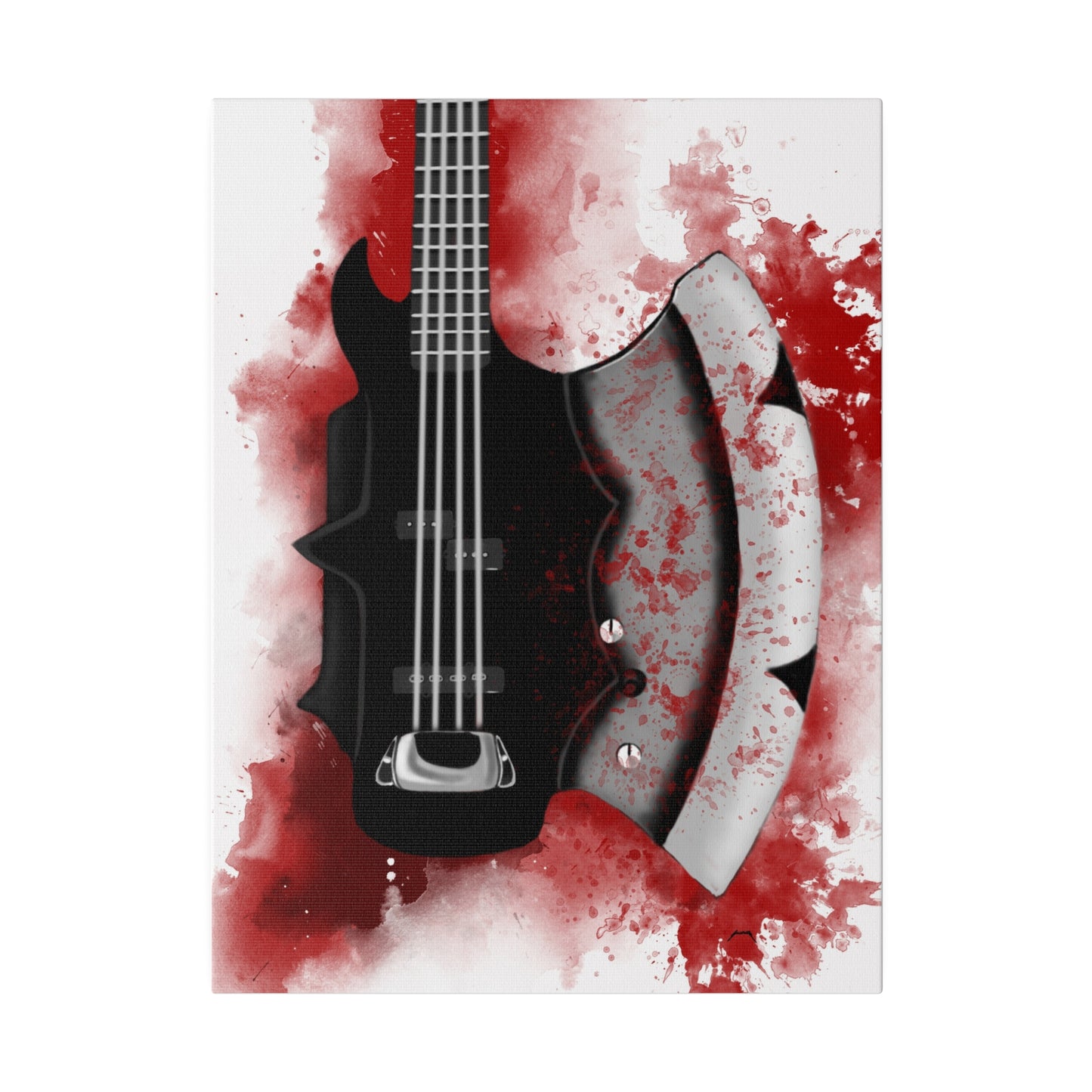 Digital painting of a bloody axe bass guitar printed on canvas