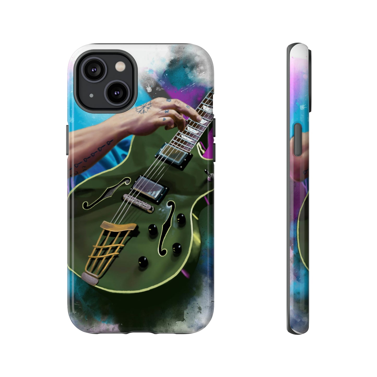 Digital painting of an olive green electric guitar with hand printed on iphone tough case