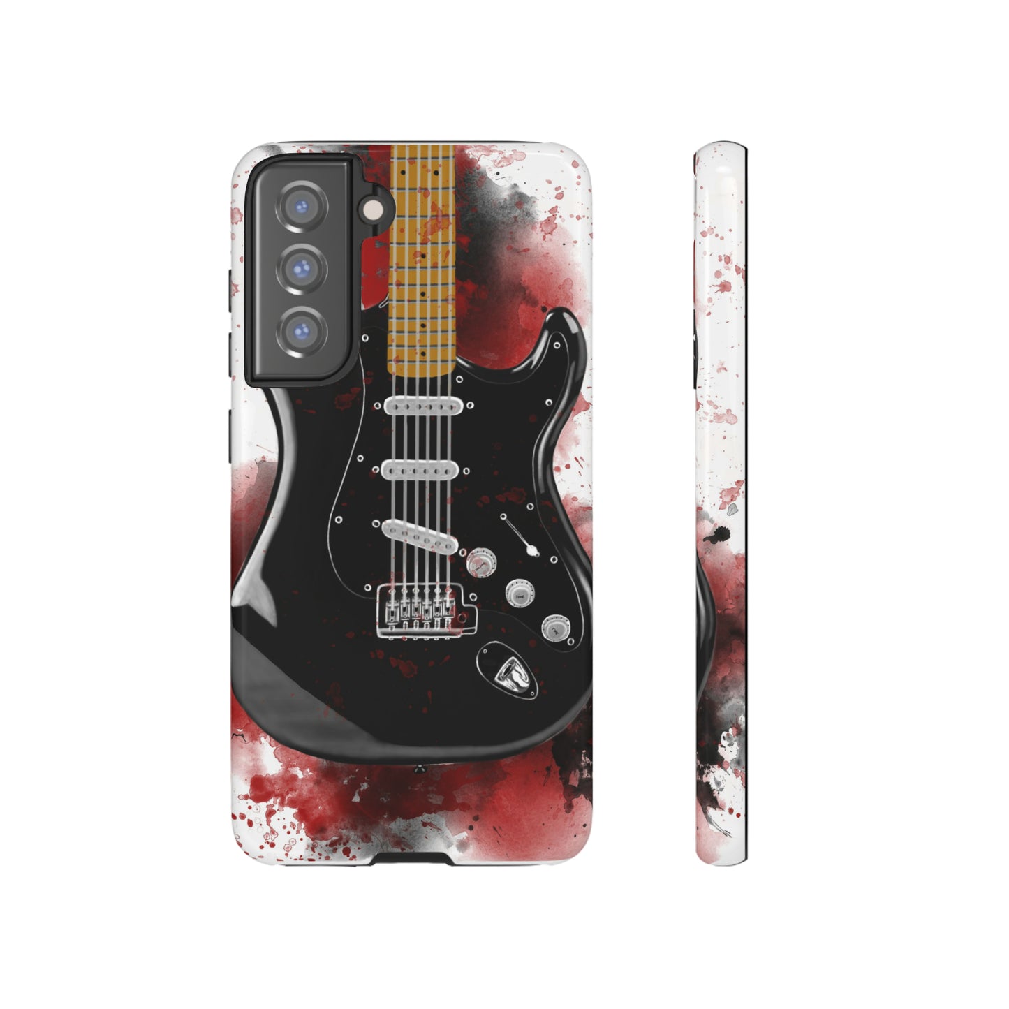 Digital painting of black electric guitar printed on a samsung phone case