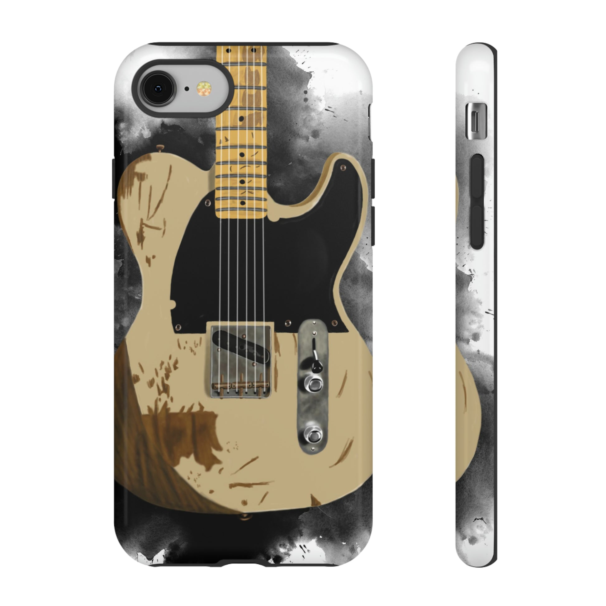 Digital painting of a white-black vintage electric guitar printed on an iphone phone case