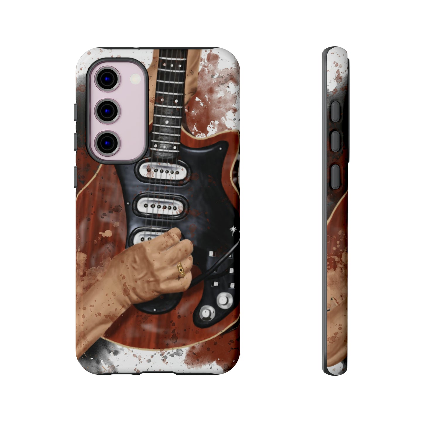 digital painting of a red black electric guitar with hands printed on a samsung case