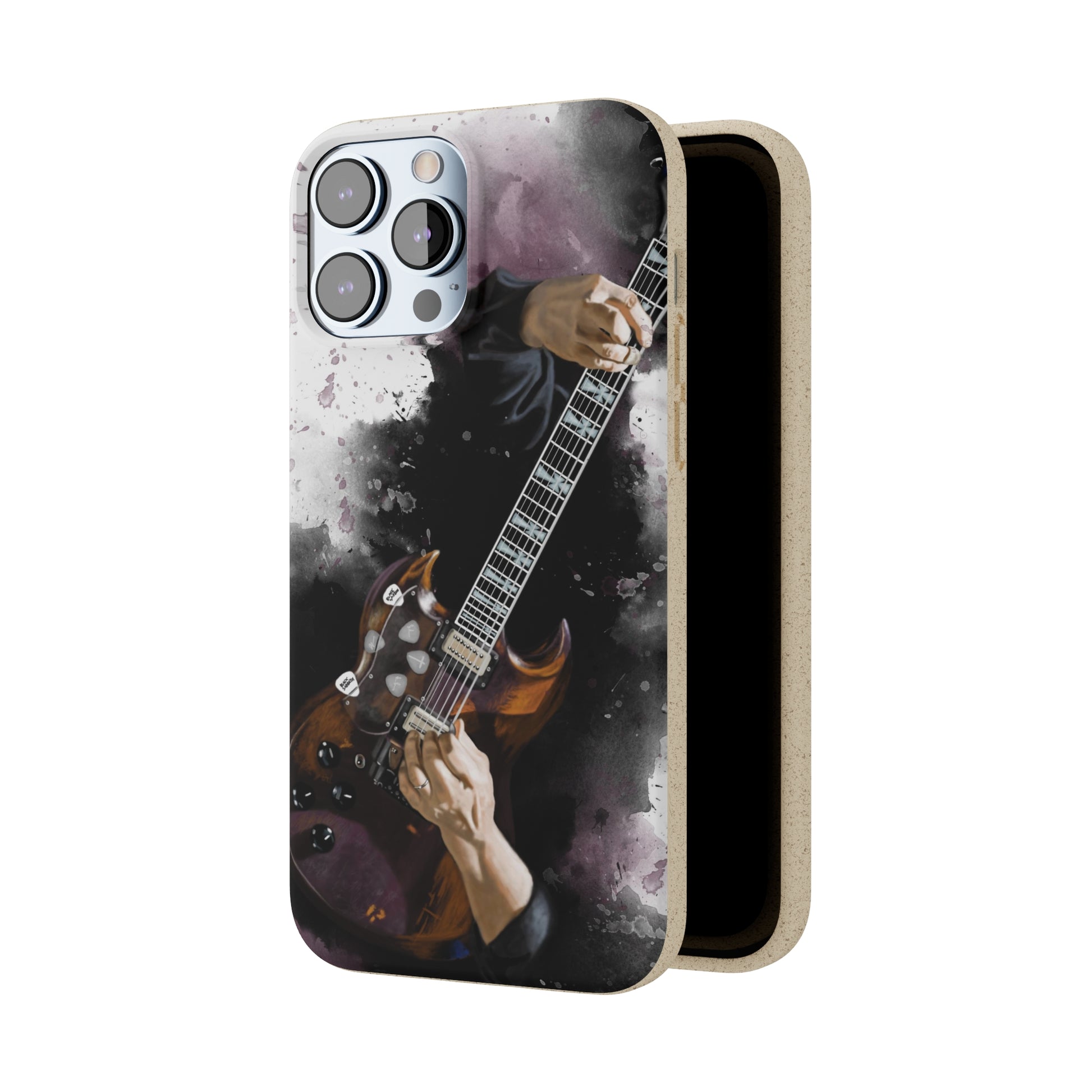 digital painting of a vintage black electric guitar with hands printed on biodegradable iphone phone case