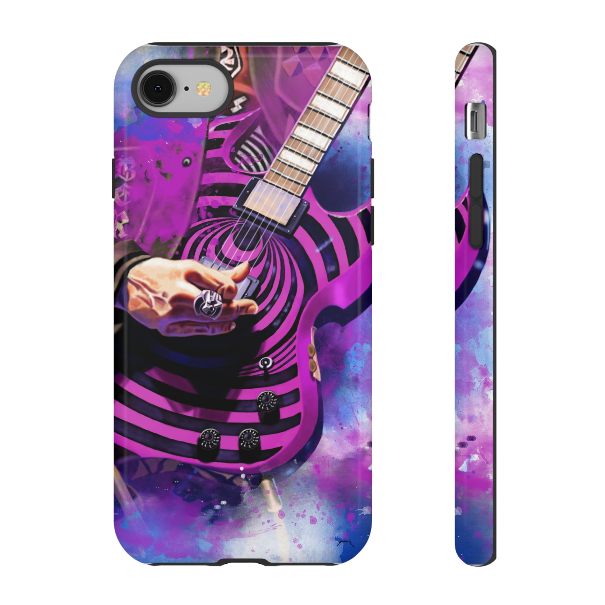 digital painting of a purple-black electric guitar with hand printed on iphone phone case