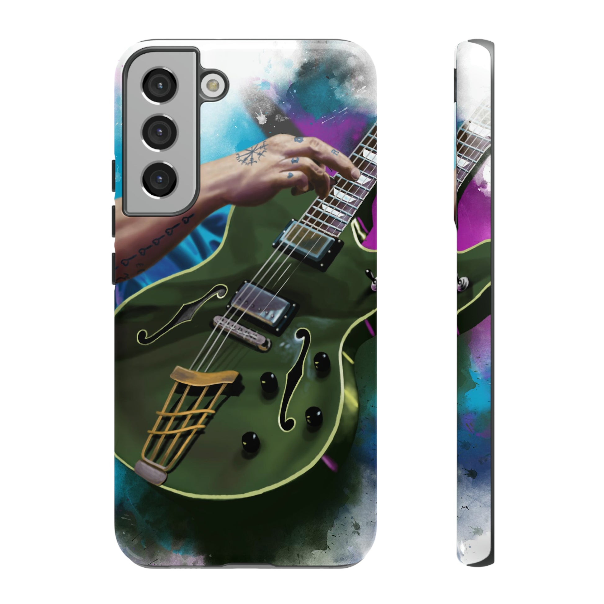 Digital painting of an olive green electric guitar with hand printed on samsung tough case