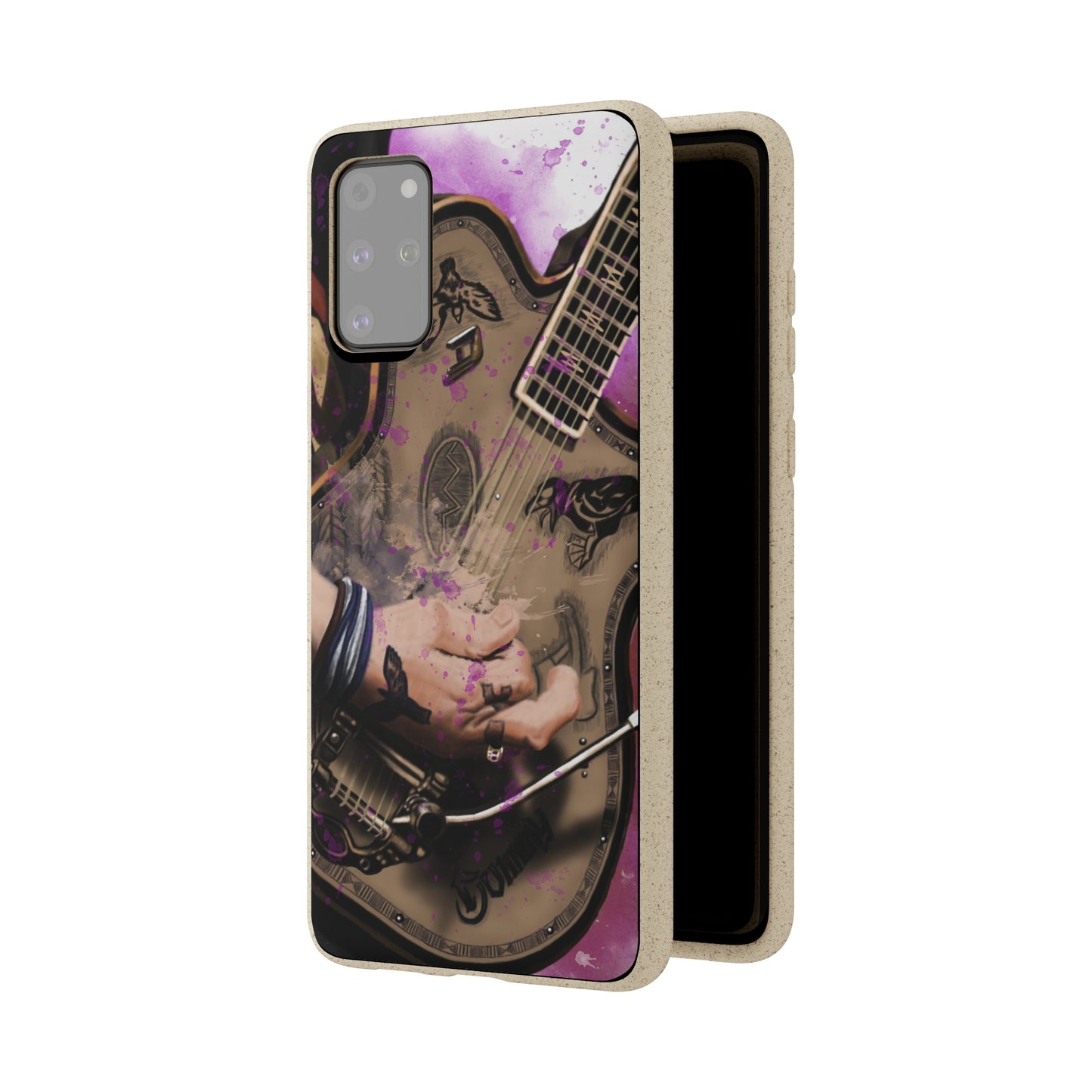 digital painting of an electric guitar with tattooed hand printed on a biodegradable samsung phone case