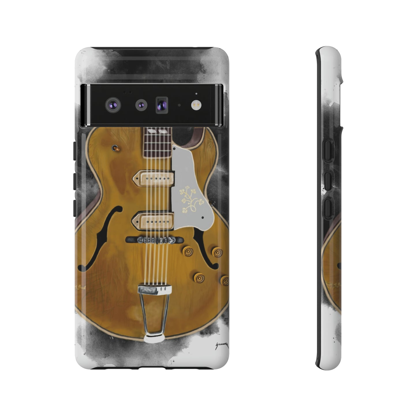 Digital painting of a goldtop vintage electric guitar printed on a google phone case