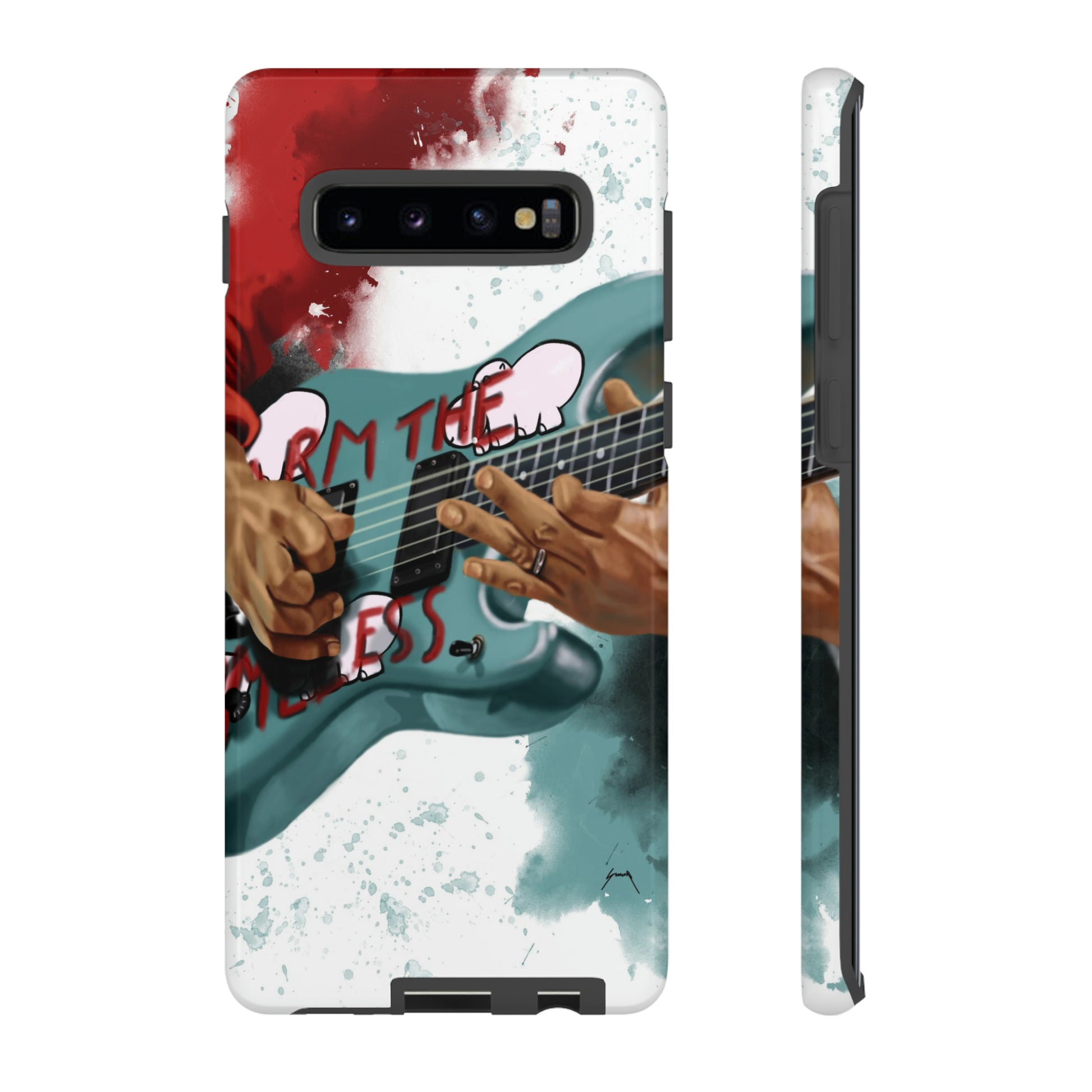 Digital painting of a blue electric guitar with stickers and hands printed on samsung phone case