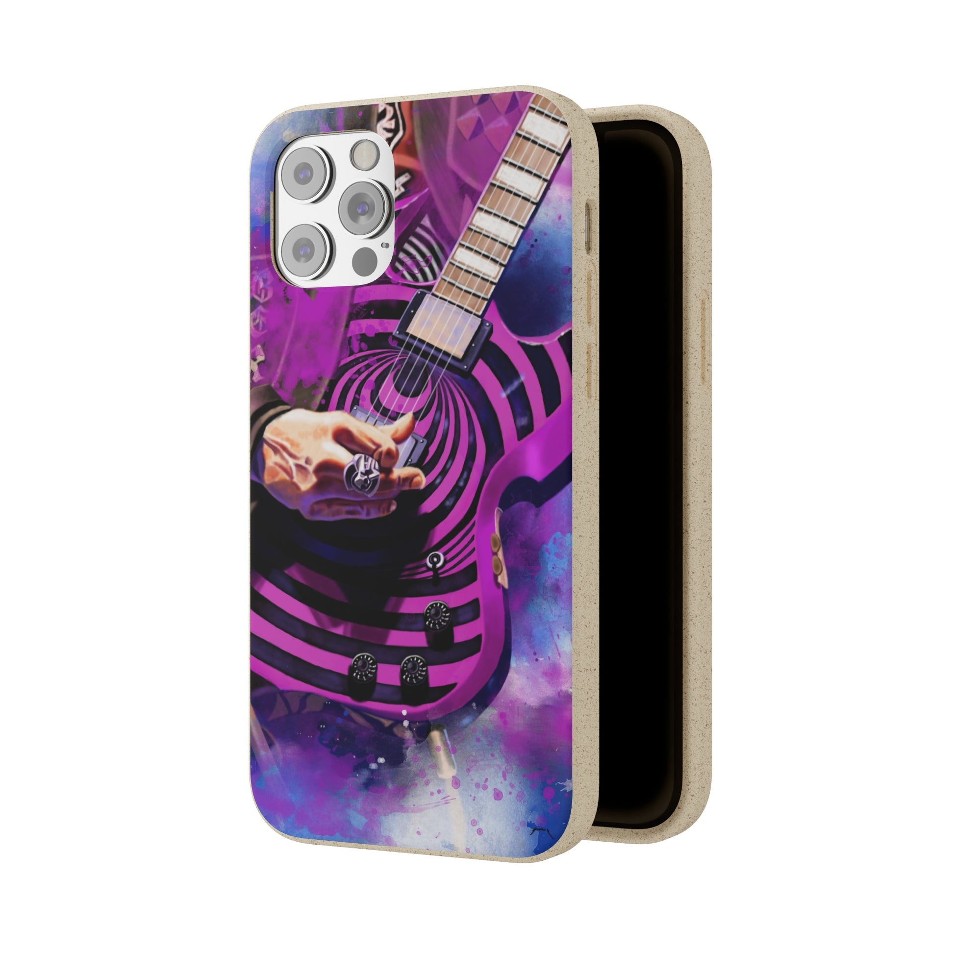 Digital painting of a purple black electric guitar with hand printed on a biodegradable iphone phone case