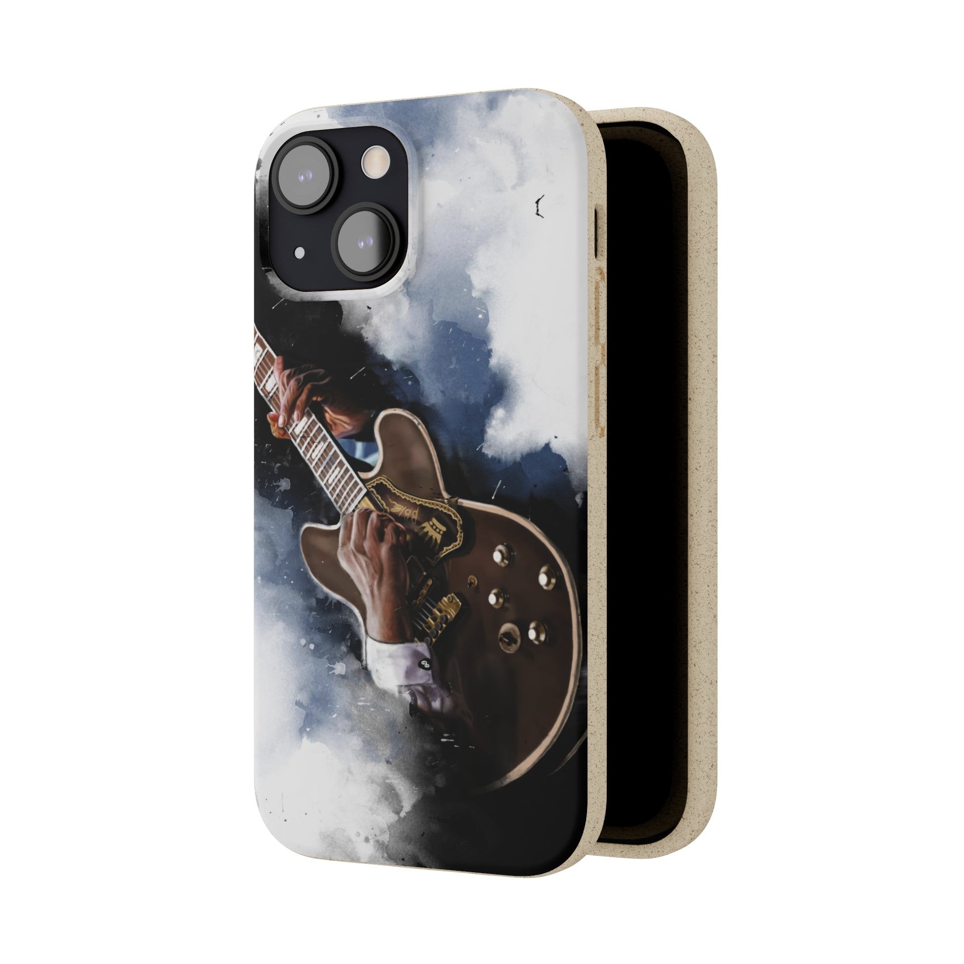 digital painting of a black electric guitar with hands printed on a biodegradable iphone phone case