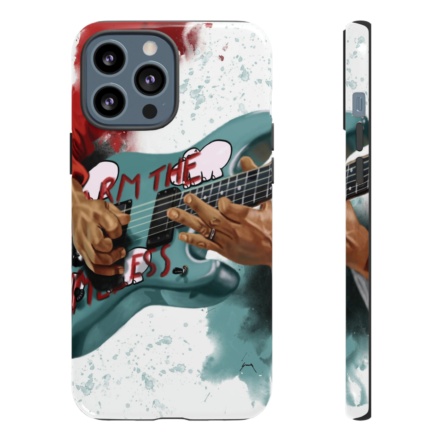 Digital painting of a blue electric guitar with stickers and hands printed on iphone phone case