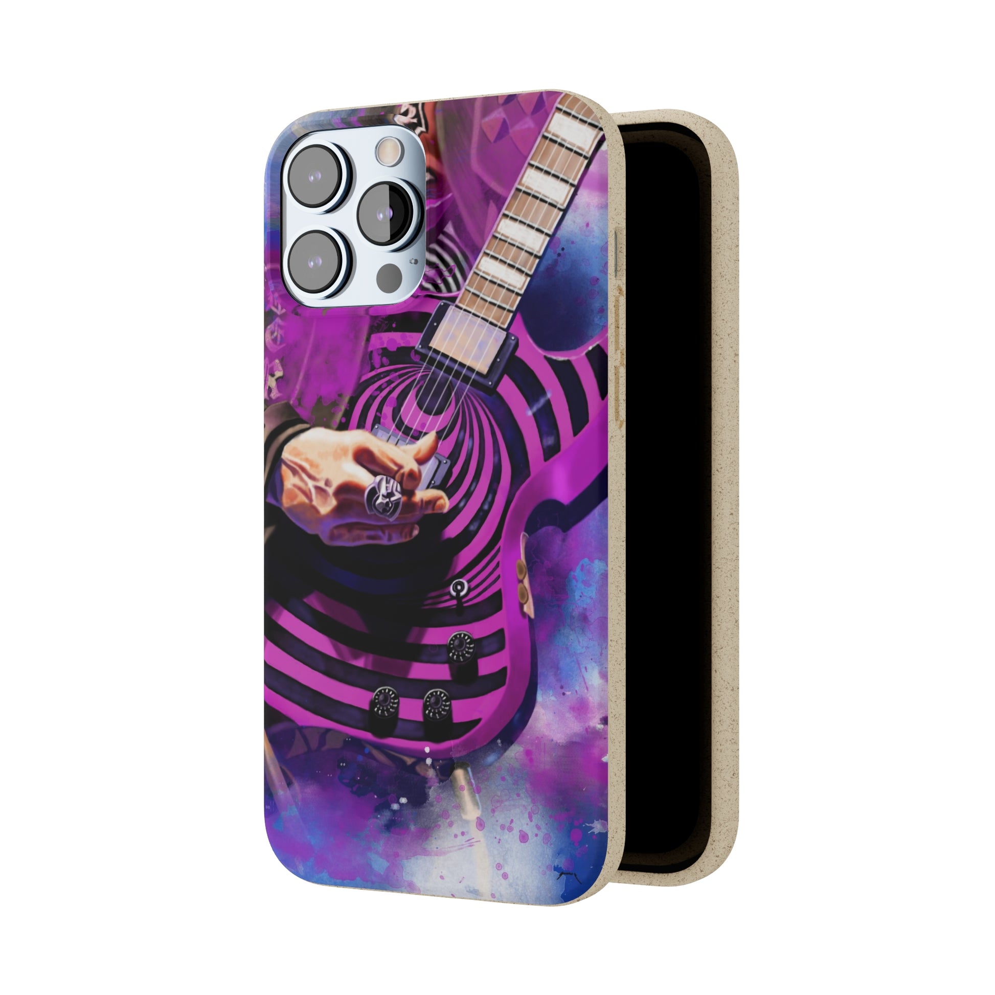 Digital painting of a purple black electric guitar with hand printed on a biodegradable iphone phone case