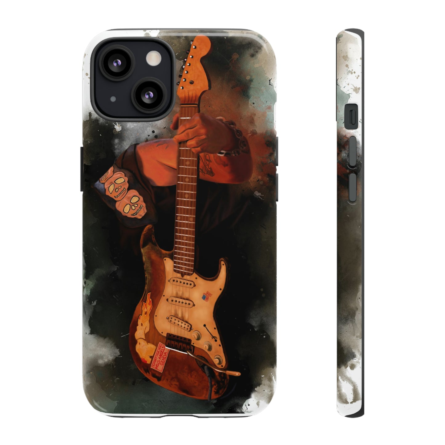 Digital painting of a heavy used vintage sunburst electric guitar with hand printed on iphone phone case