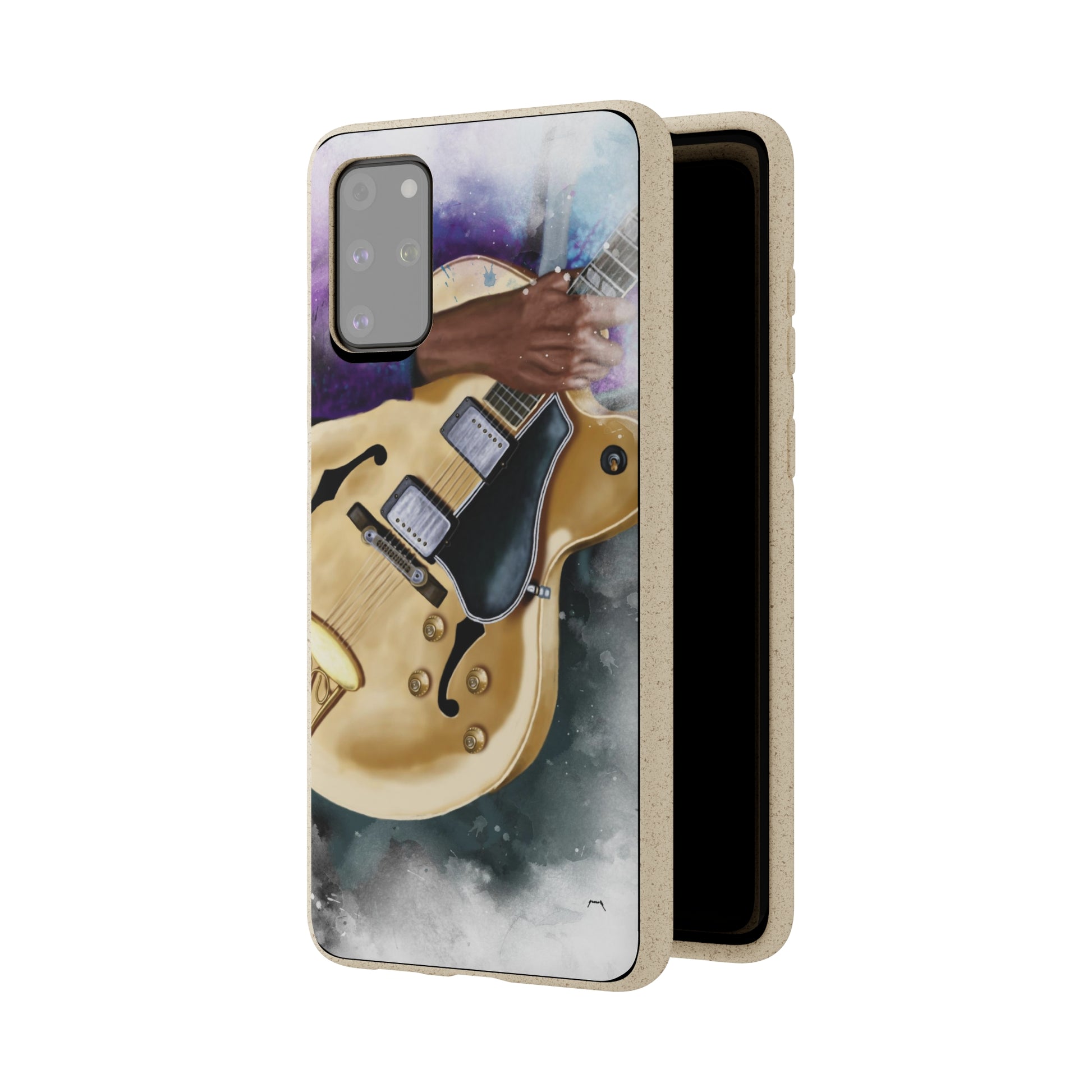 Digital painting of a vintage white hollowbody electric guitar with hand printed on a biodegradable samsung phone case