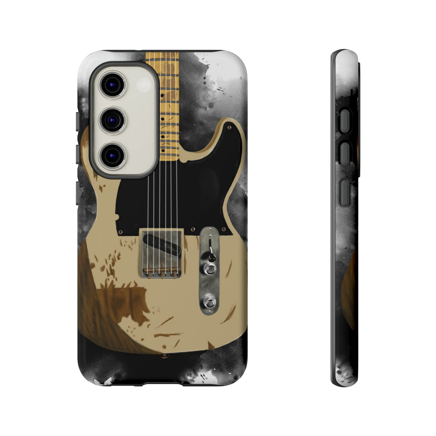 Digital painting of a white-black vintage electric guitar printed on a samsung phone case