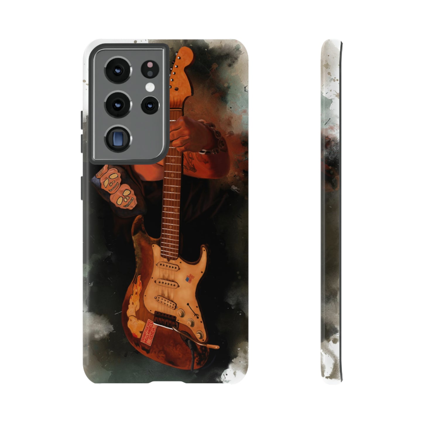 Digital painting of a heavy used vintage sunburst electric guitar with hand printed on samsung phone case