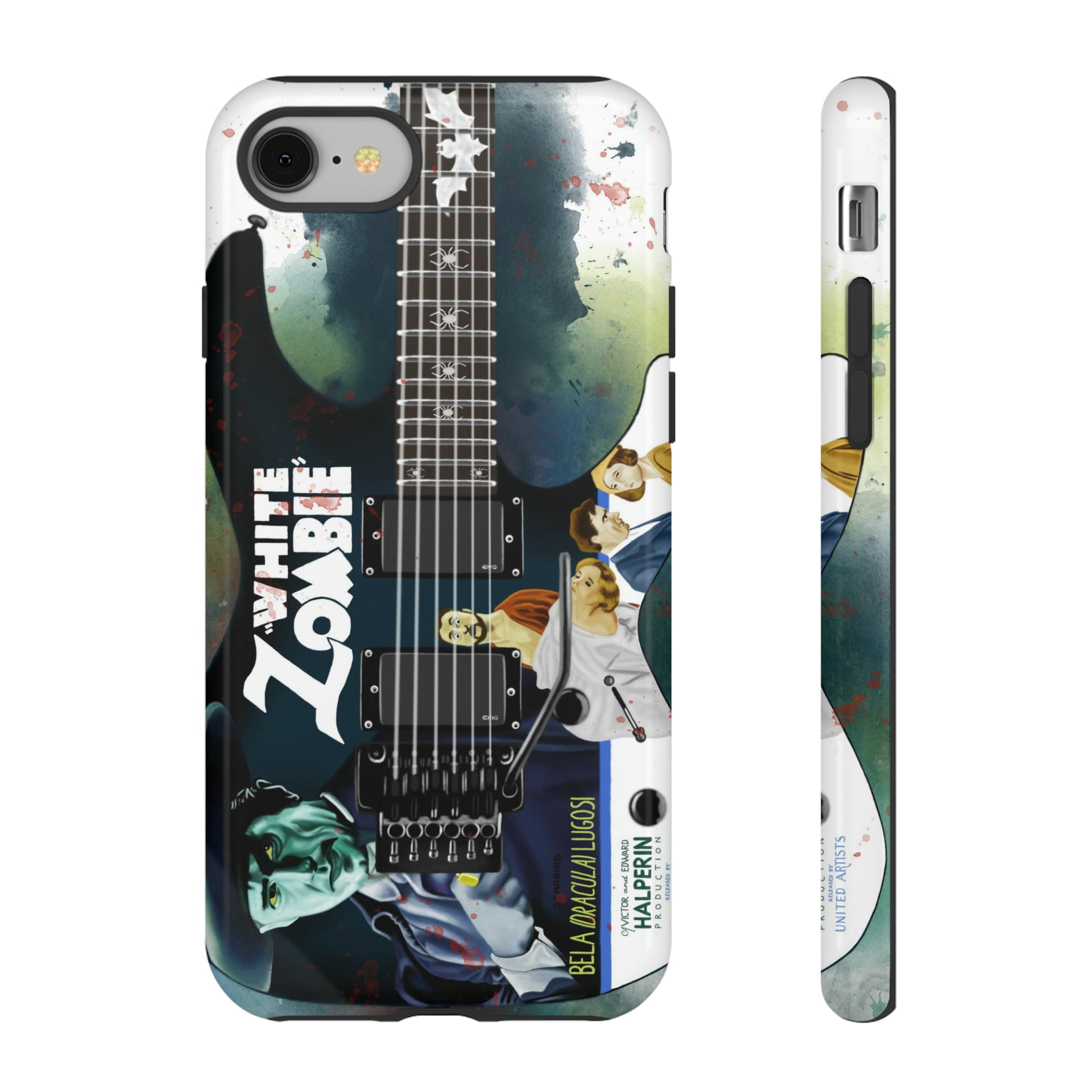 Digital painting of a blue electric guitar with a vintage movie poster on it printed on iphone phone case