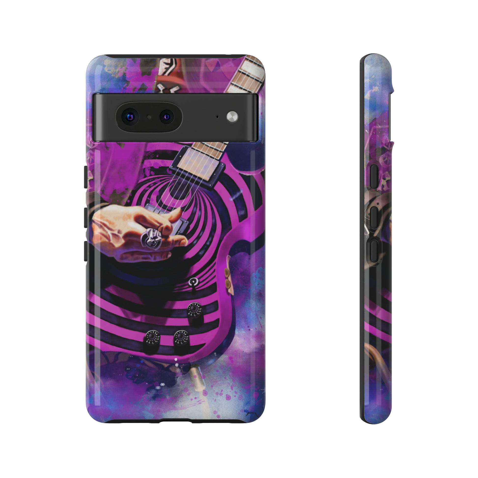 digital painting of a purple-black electric guitar with hand printed on google phone case